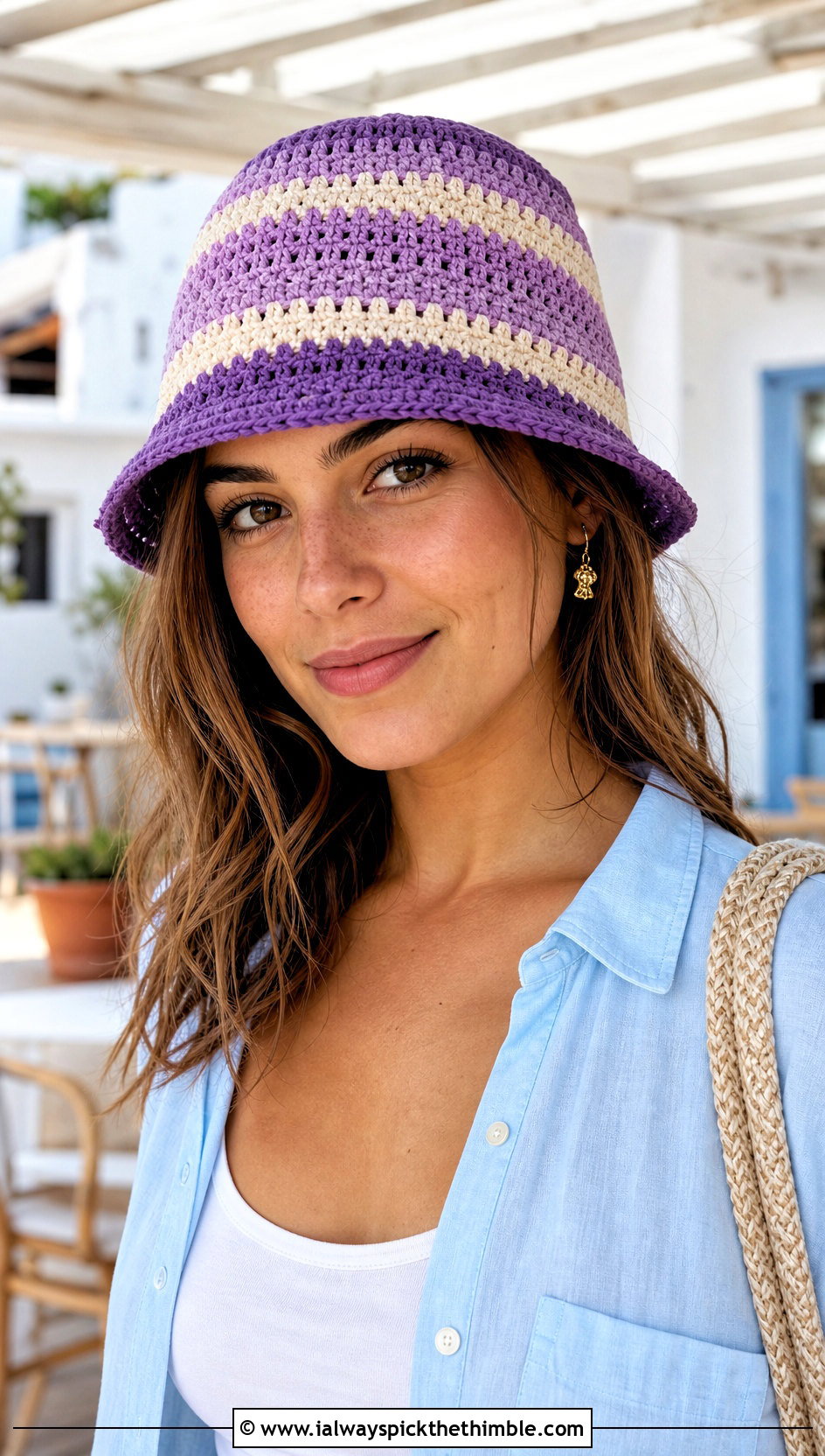Striped Purple Crochet Bucket Hat With Linen Outfit - 20 purple crochet bucket hat outfit ideas
