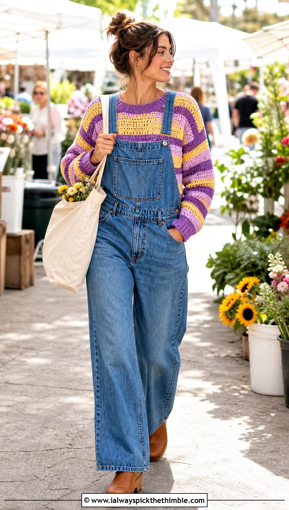 Striped Purple Crochet Sweater With Denim Overalls - 20 Crochet Purple Sweater outfit ideas