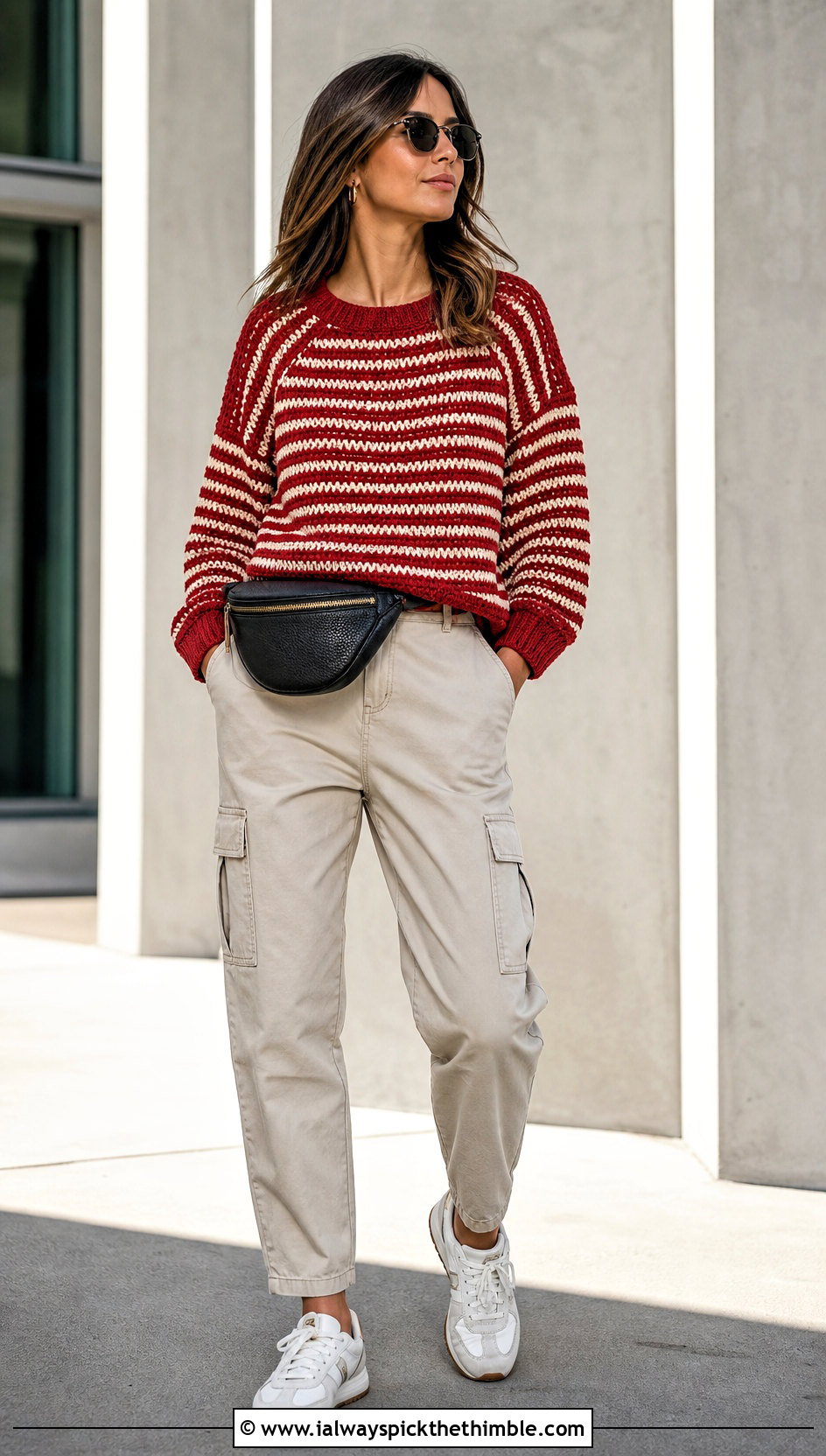 Striped Raglan Crochet Pullover With Cargo Pants - 20 women crochet pullover outfit ideas
