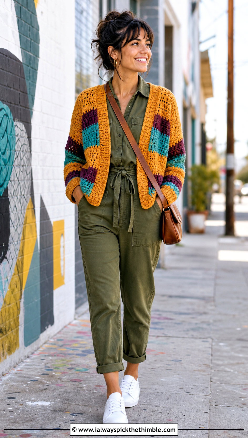 Striped Raglan Crochet Seamless Cardigan With Utility Jumpsuit - 20 Crochet Seamless Cardigan outfit ideas