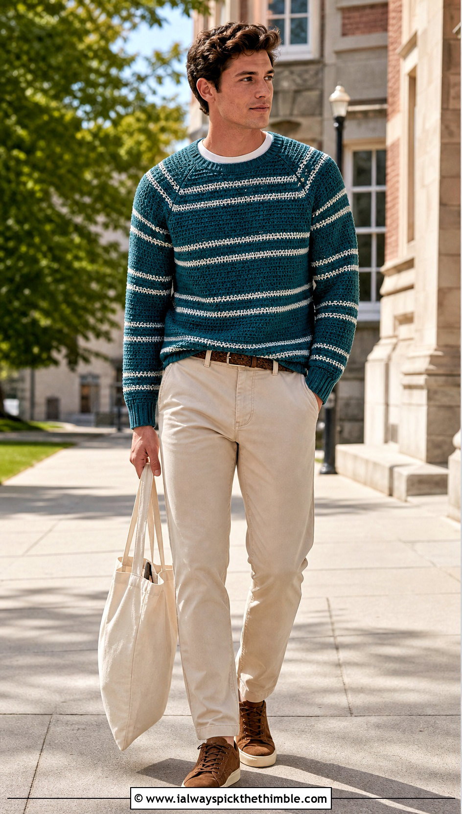 Striped Raglan Crochet Sweater With Chinos - 20 male crochet sweater outfit ideas