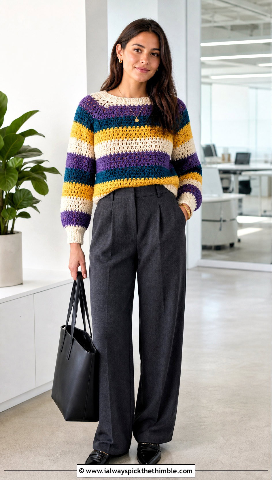 Striped Raglan Crochet Sweater With Tailored Trousers - 20 Colorful Crochet Sweater Ideas