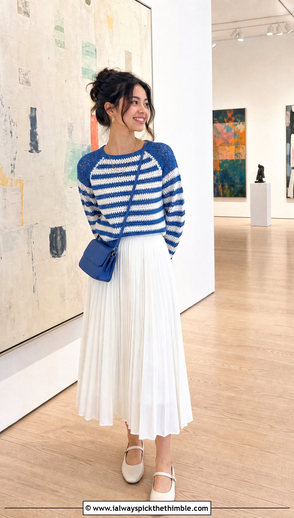 Striped Raglan Crochet Top With Pleated Midi Skirt - 20 aesthetic long sleeve crochet tops outfit ideas