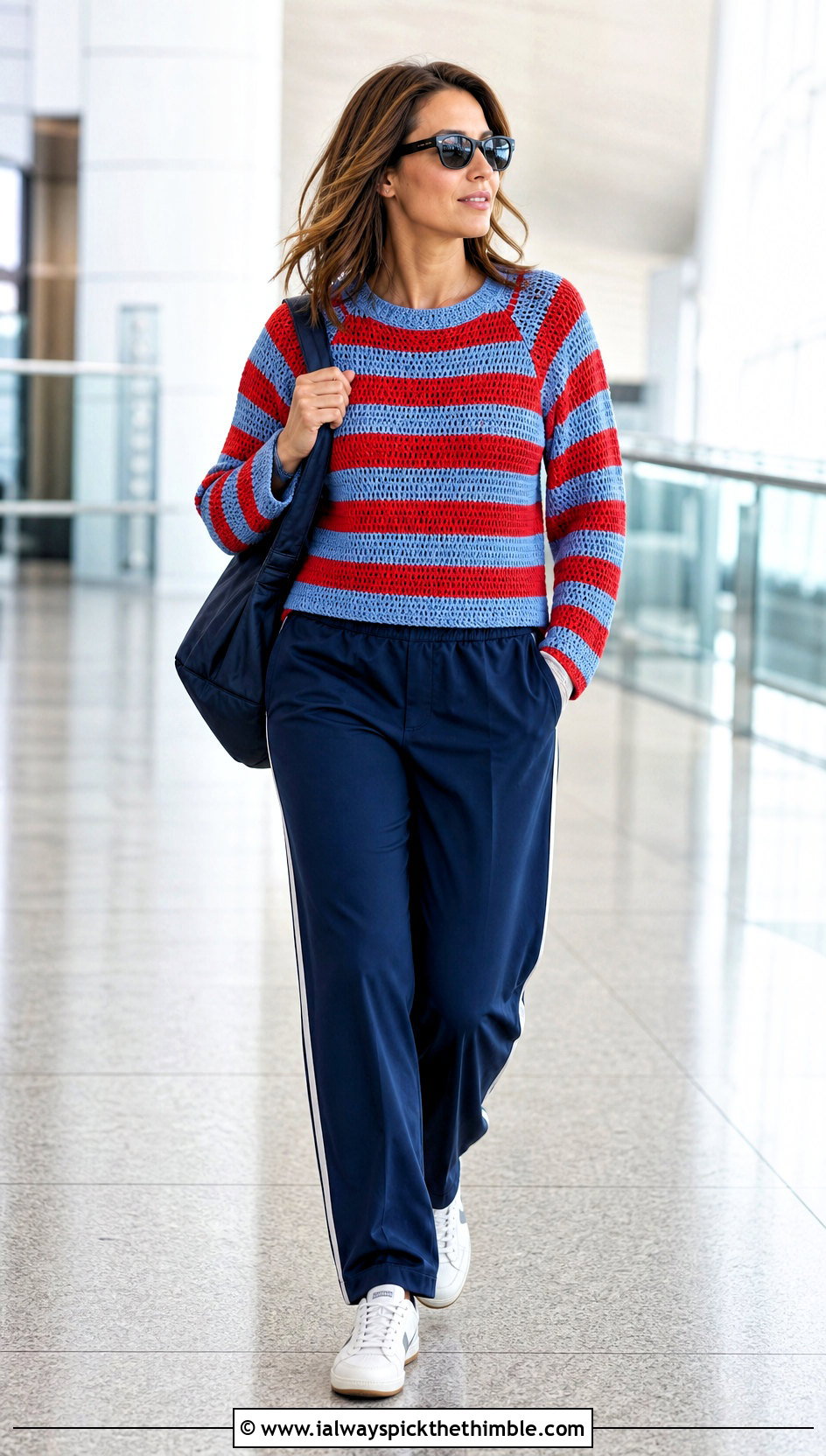 Striped Raglan Seamless Crochet Sweater With Track Pants - 20 Seamless Crochet Sweater outfit ideas