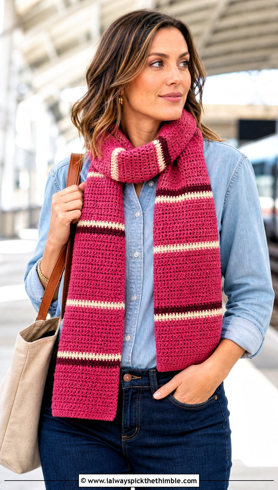 Striped Rectangle Crochet Scarf With Denim Shirt - 20 Crochet Scarf For Beginners outfit ideas