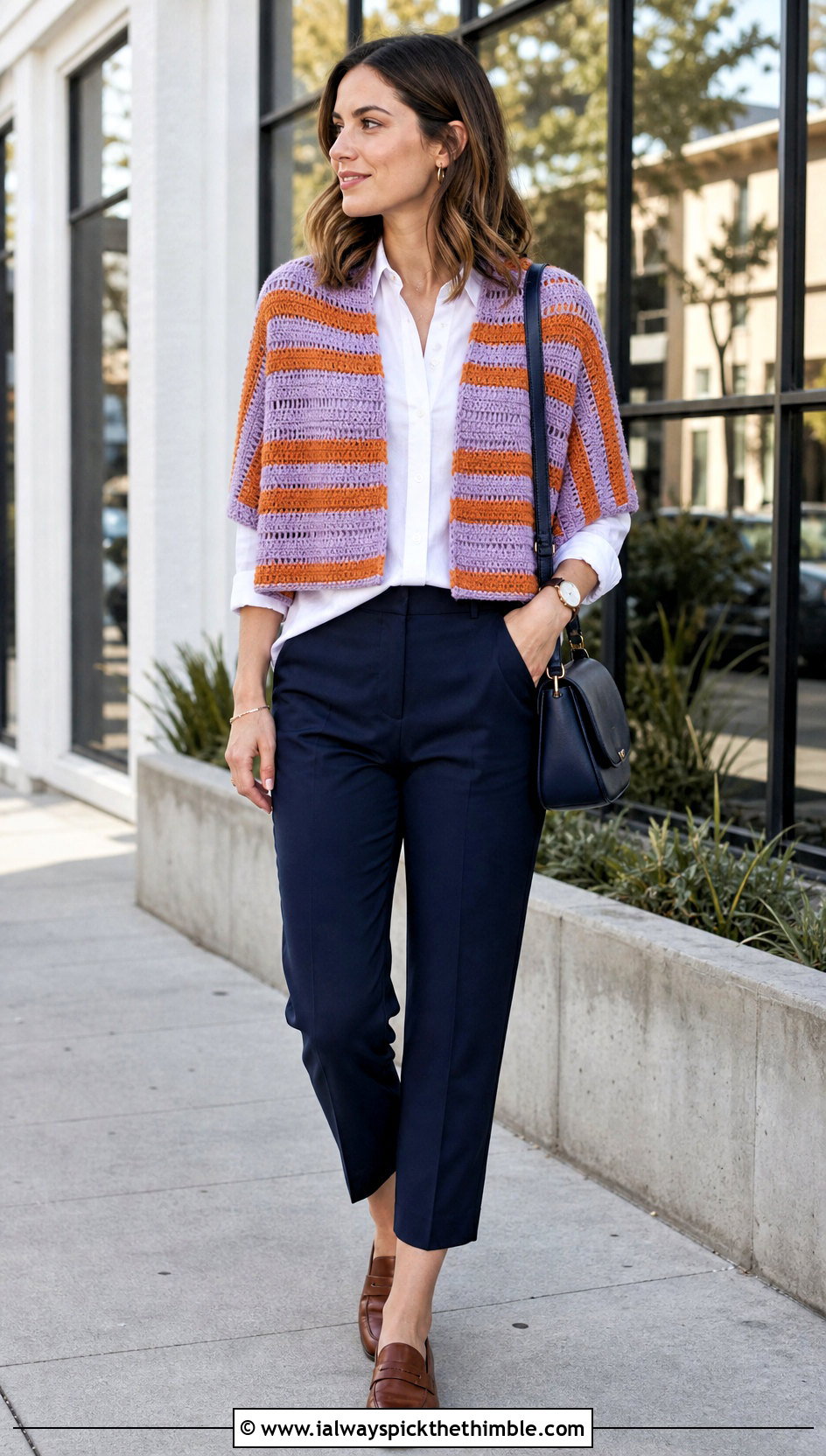 Striped Rectangle Crochet Shrug With White Shirt - 20 Rectangle Crochet Shrug outfit ideas
