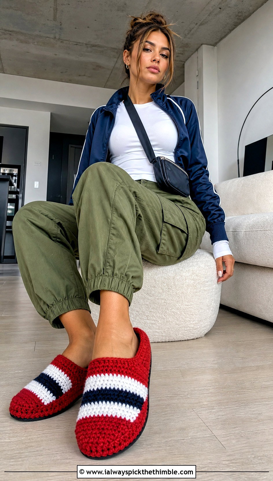 Striped Rectangle Crochet Slippers With Cargo Joggers - 15 rectangle crochet slipper outfit ideas