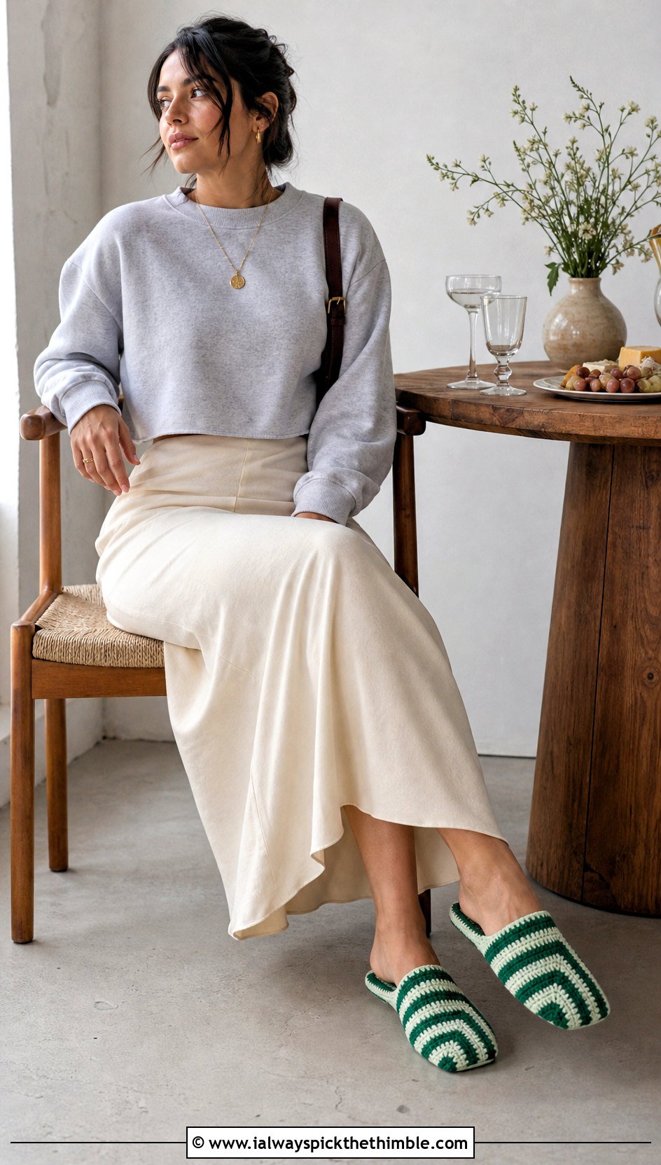 Striped Rectangle Crochet Slippers With Maxi Skirt And Sweatshirt - 15 Crochet Slipper From Rectangle outfit ideas