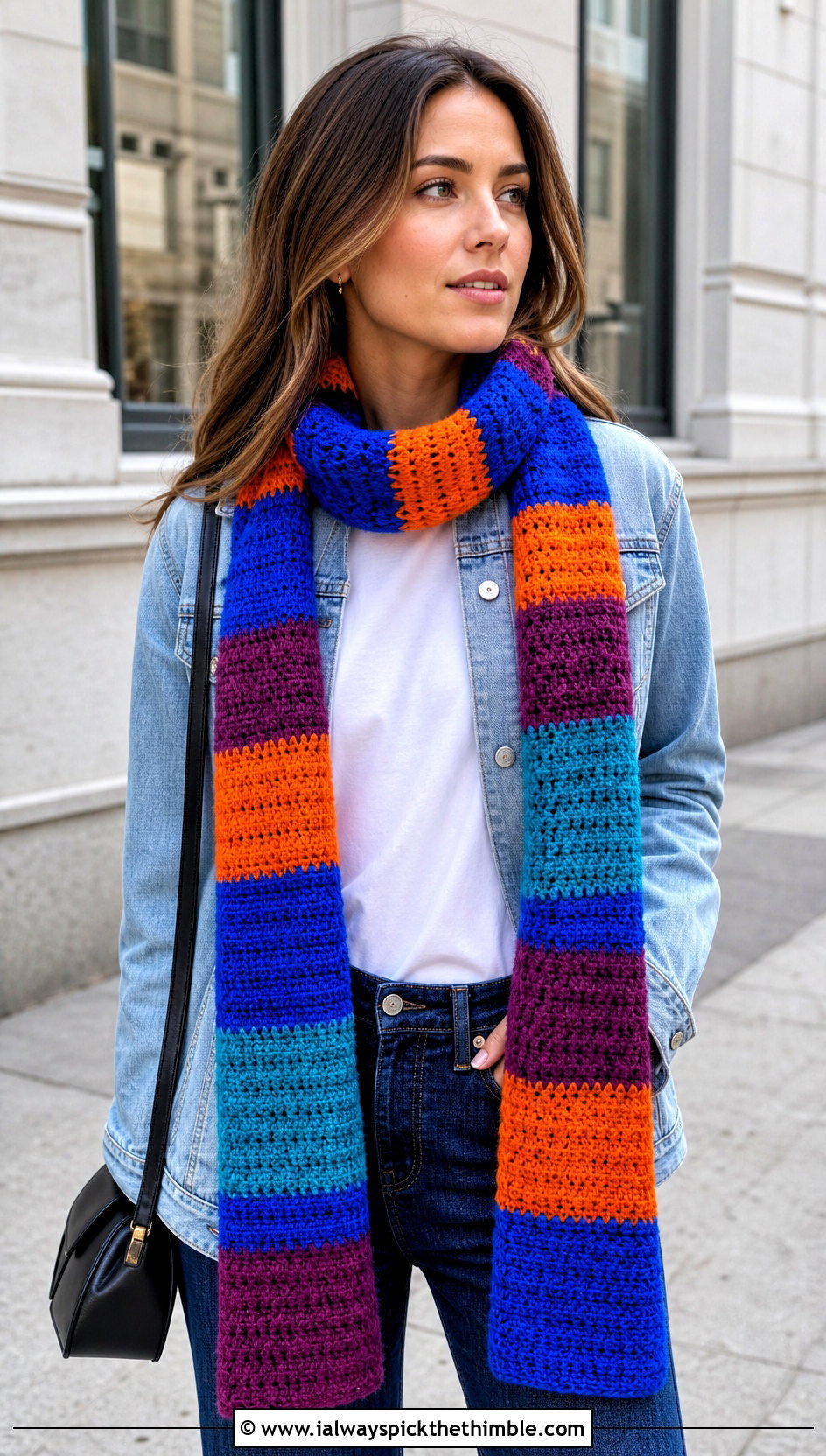 Striped Rectangular Mood Scarf With Denim Jacket - 15 Crochet Mood Scarf outfit ideas