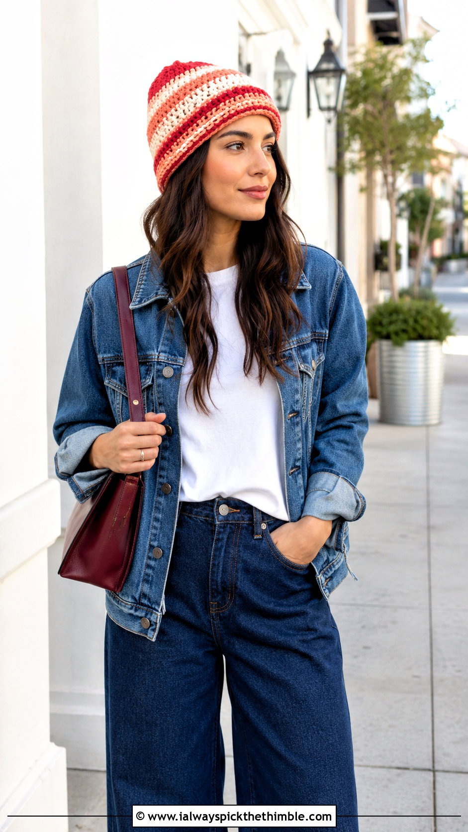 Striped Ribbed 1 5 Hour Crochet Hat With Denim Jacket And Wide Leg Jeans - 15 1.5 Hour Crochet Hat outfit ideas