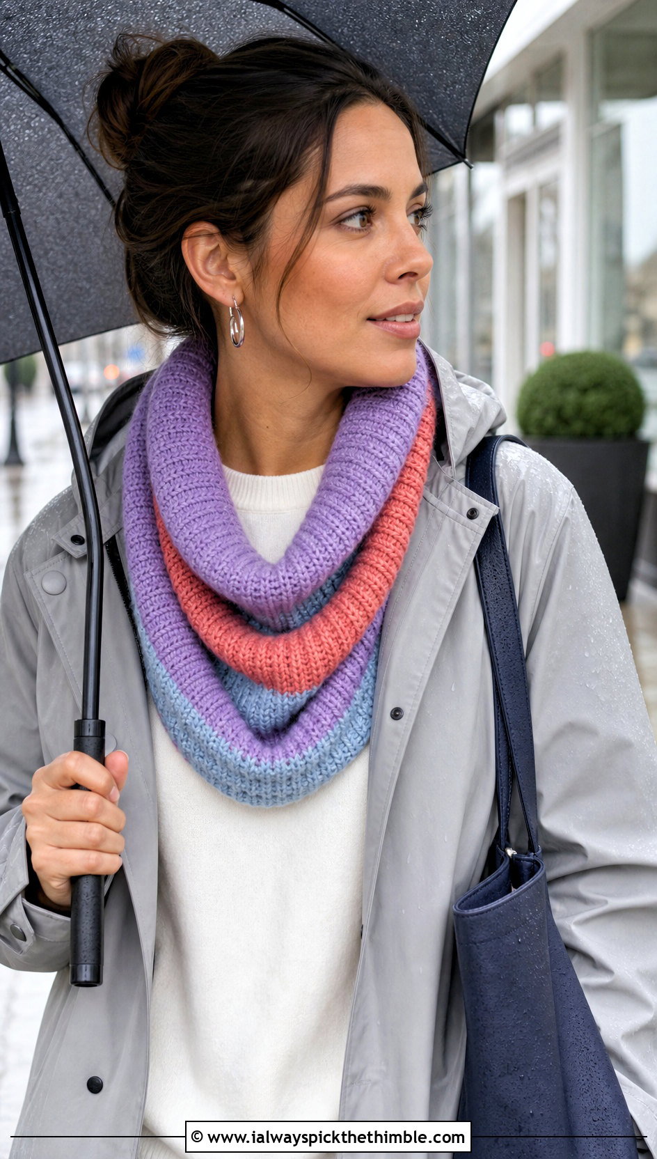 Striped Ribbed Cowl With Raincoat - 20 Crochet Ribbed Cowl outfit ideas