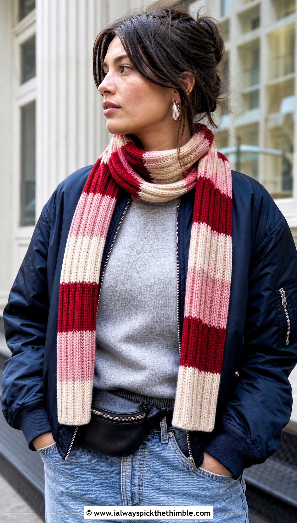 Striped Ribbed Crochet Scarf With Bomber Jacket - 20 Ribbed Crochet Scarf outfit ideas