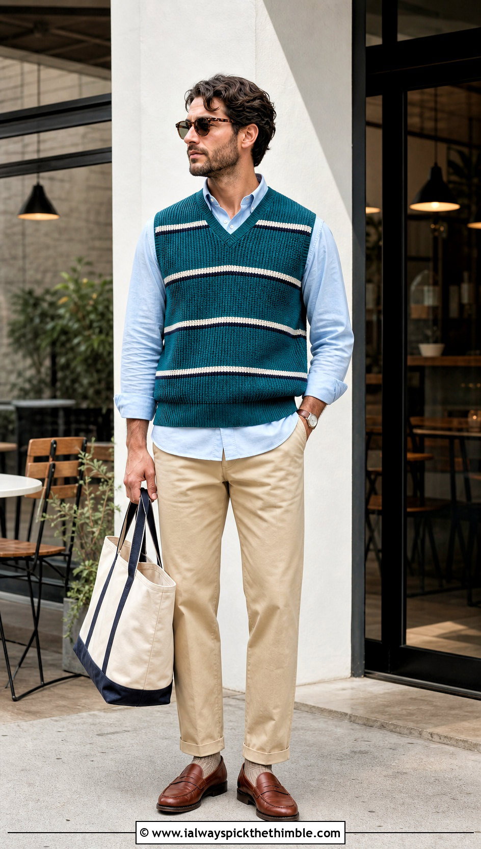 Striped Ribbed Crochet Vest With Chinos - 25 crochet vest for men outfit ideas