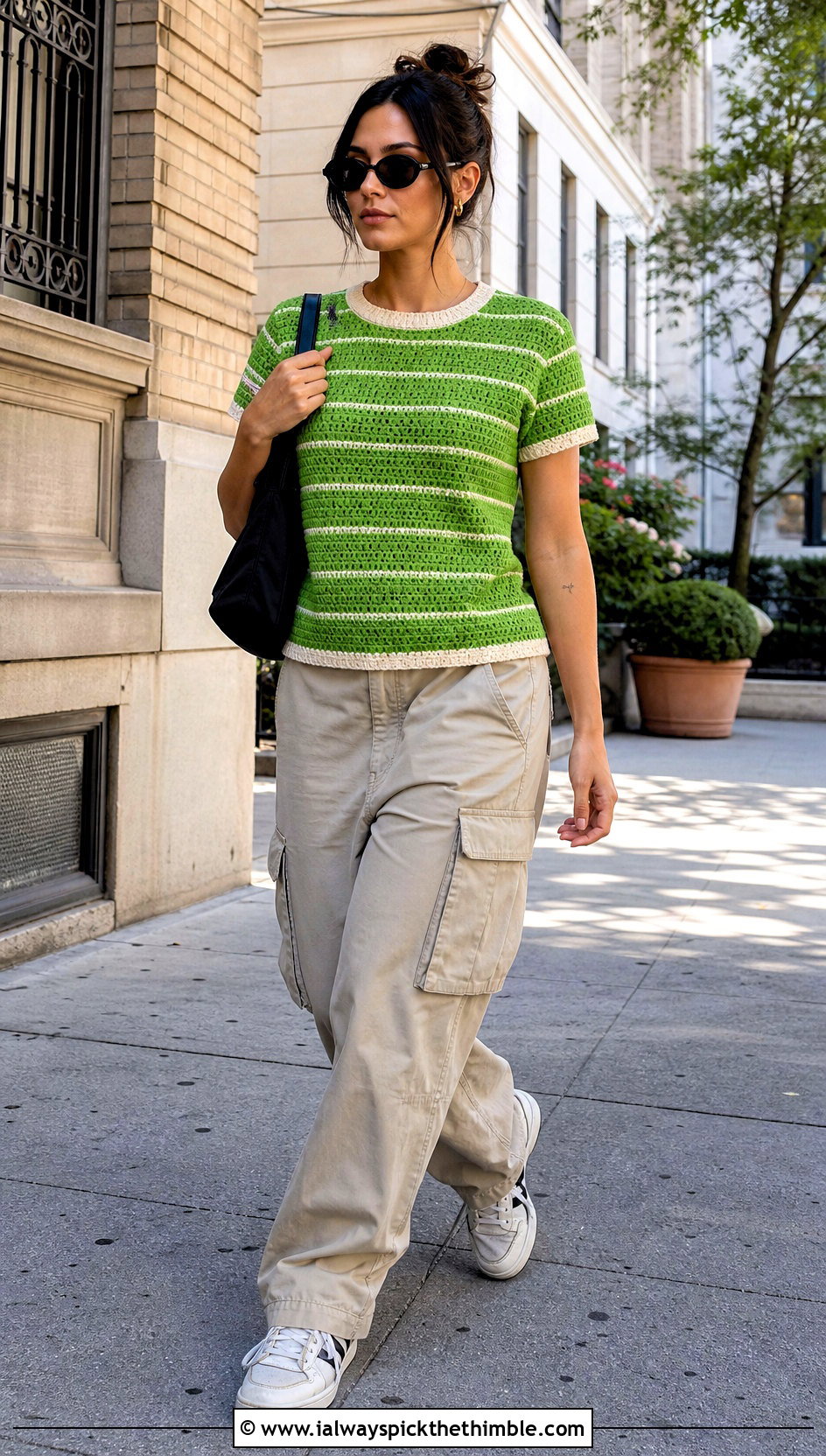 Striped Ringer Crochet Tee With Cargo Pants - 25 crochet tee shirt outfit ideas