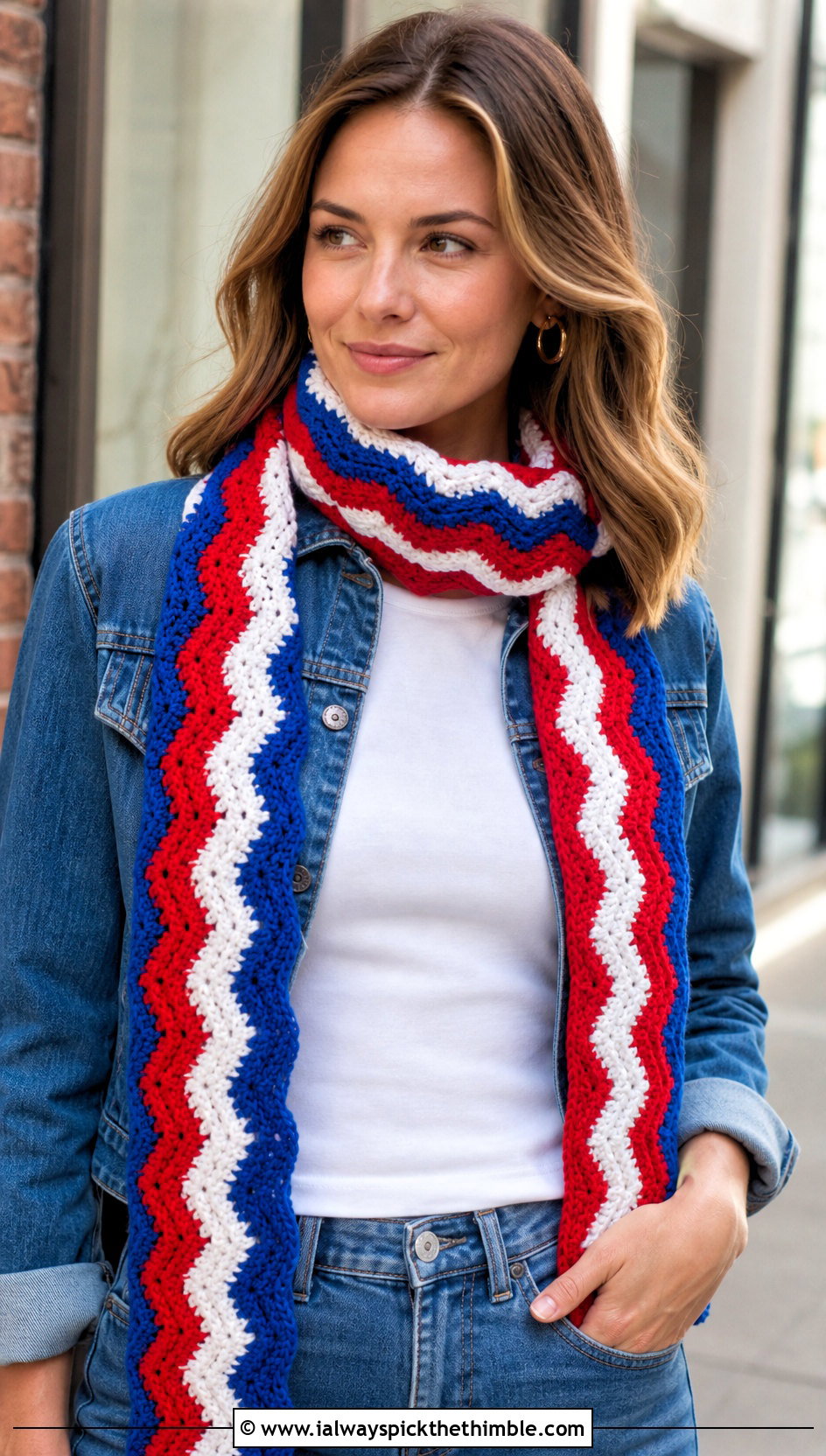 Striped Ripple Crochet Scarf With Straight Leg Jeans - 20 Crochet Zig Zag Scarf outfit ideas