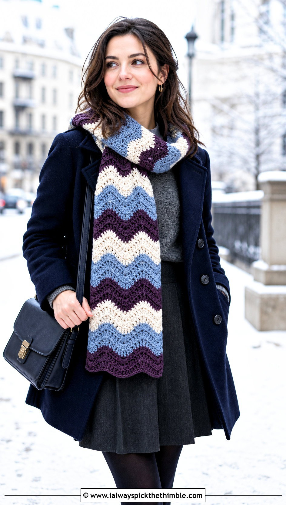 Striped Ripple Stitch Crochet Scarf With Peacoat And Pleated Skirt - 15 ripple stitch crochet scarf outfit ideas