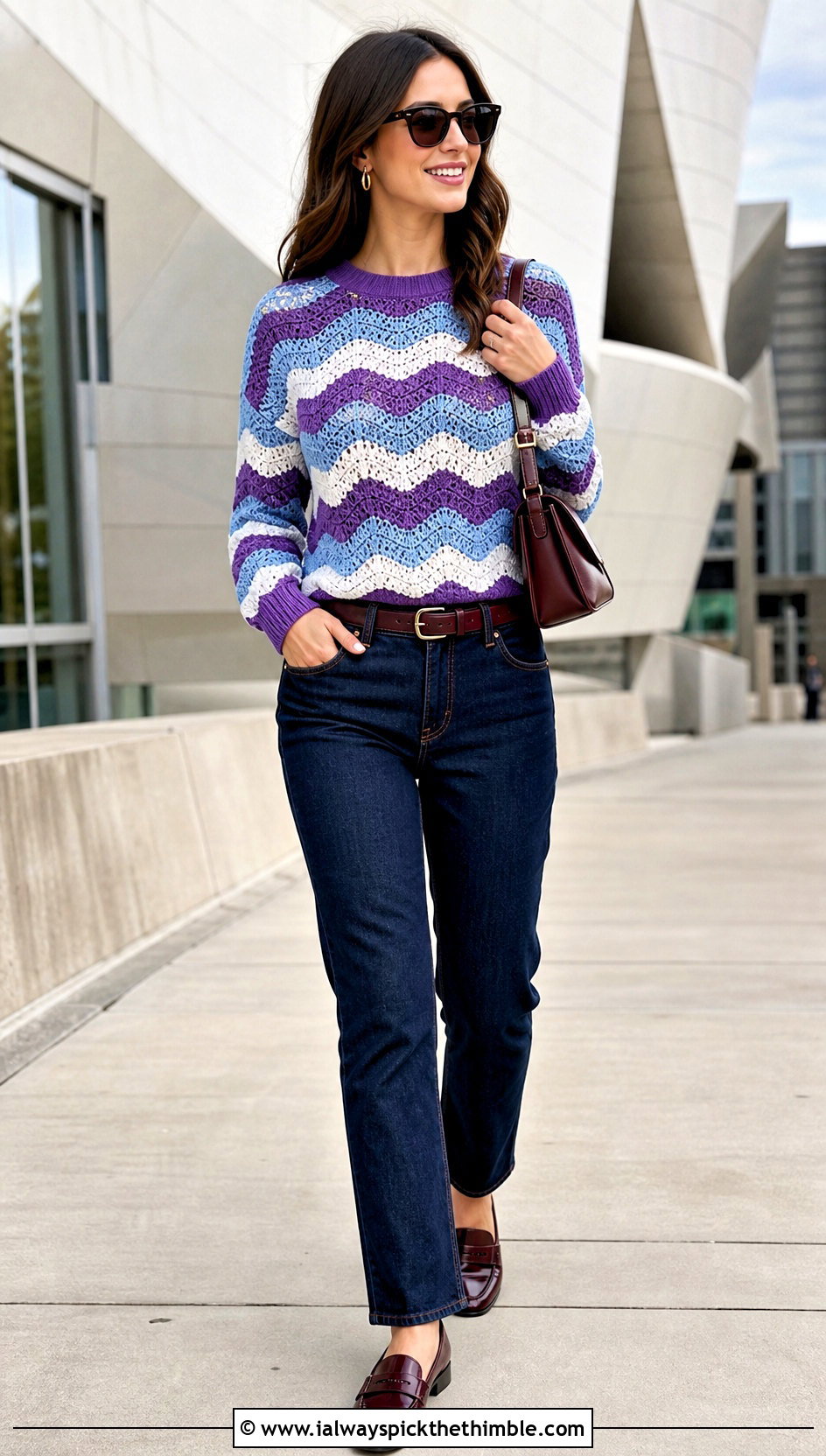 Striped Ripple Stitch Sweater With Straight Jeans - 20 Crochet Ripple Stitch Sweater outfit ideas