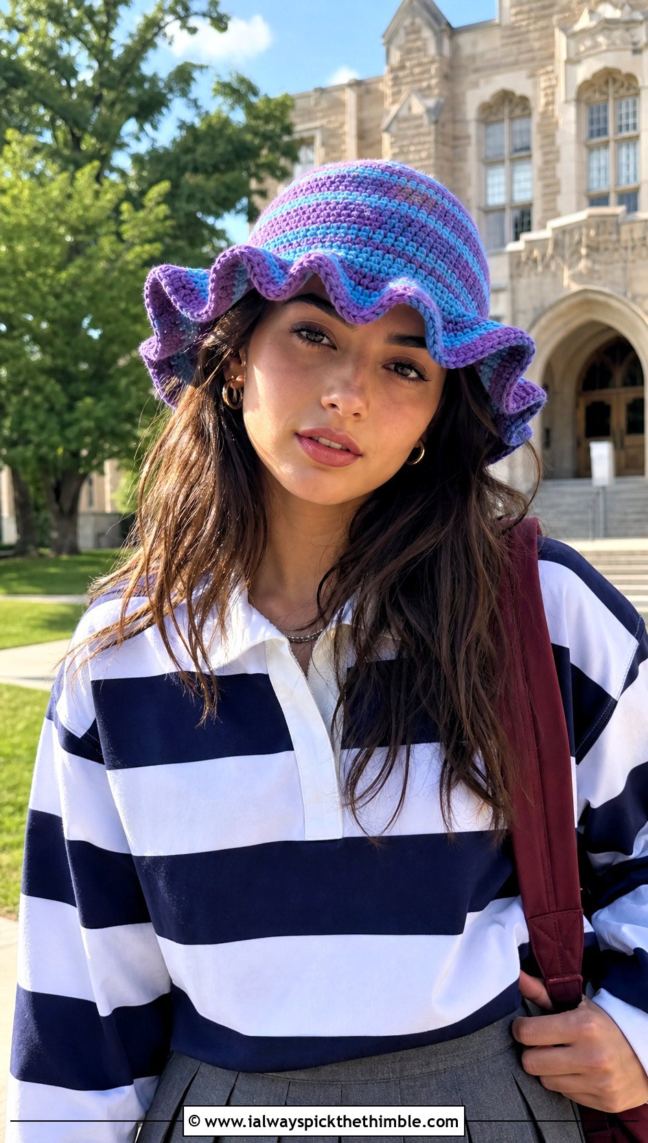 Striped Ruffled Crochet Bucket Hat With Rugby Shirt And Pleated Skirt - 20 ruffled crochet bucket hat outfit ideas
