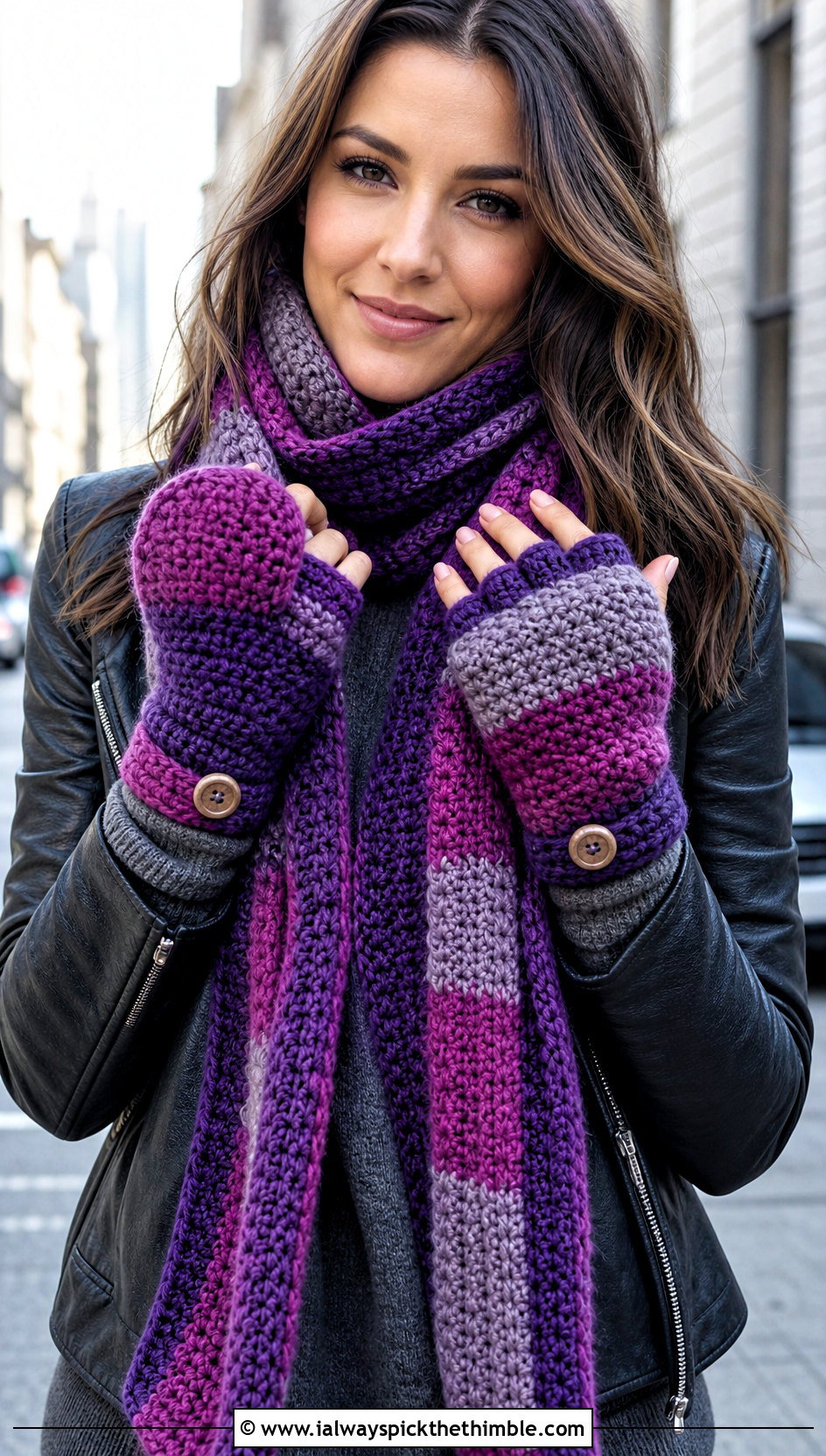 Striped Scarf And Flip Top Mittens With Leather Jacket - 15 Crochet Scarf And Mittens Set outfit ideas