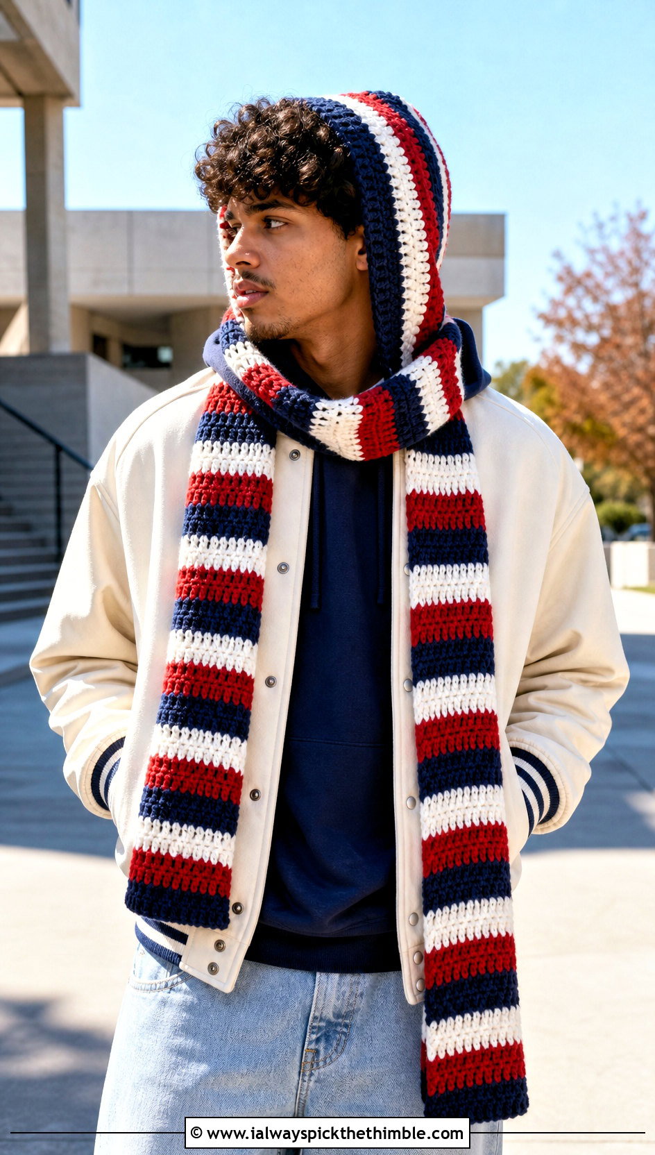 Striped Scoodie With Varsity Jacket - 20 Crochet Hooded Scarf For Men outfit ideas