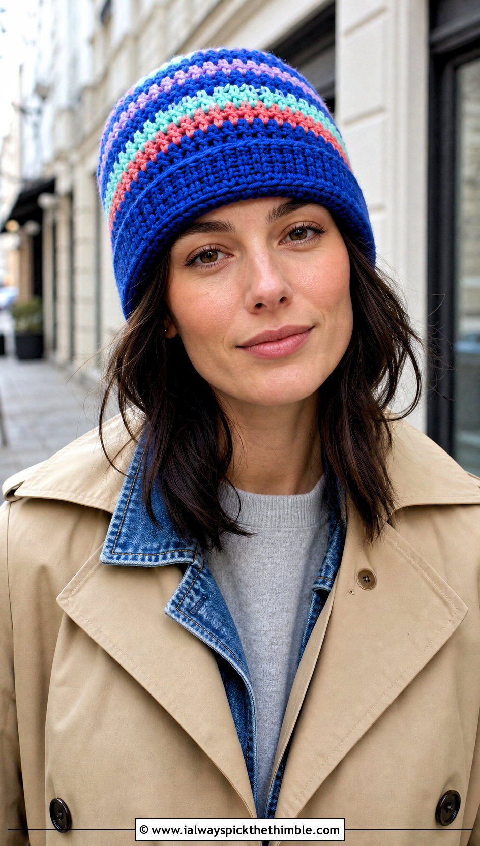 Striped Scrap Crochet Beanie With Trench Coat And Jeans - 25 crochet scrap beanie outfit ideas