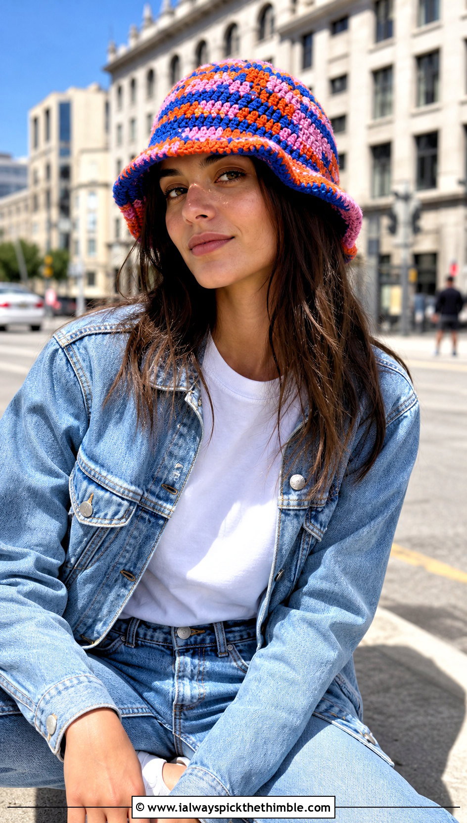 Striped Scrap Yarn Bucket Hat With White Tee And Jeans - 15 Scrap Happy Crochet Bucket Hat outfit ideas