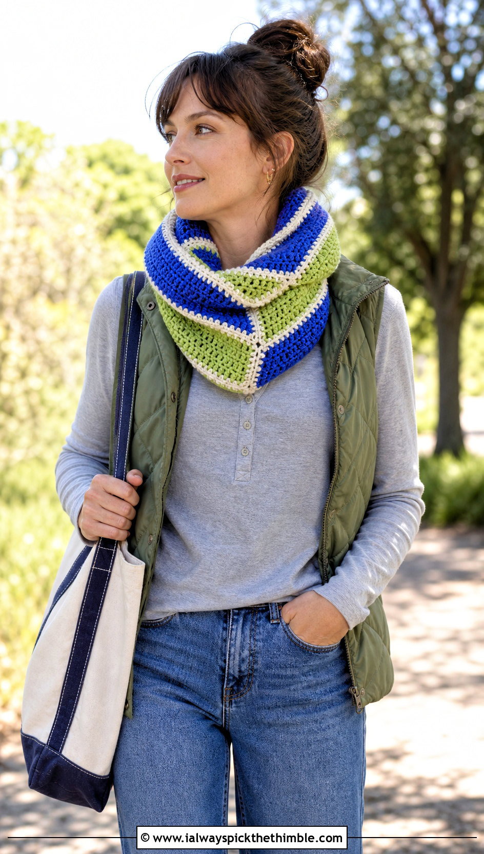 Striped Seamed Crochet Snood Scarf With Quilted Vest - 20 crochet snood scarf outfit ideas