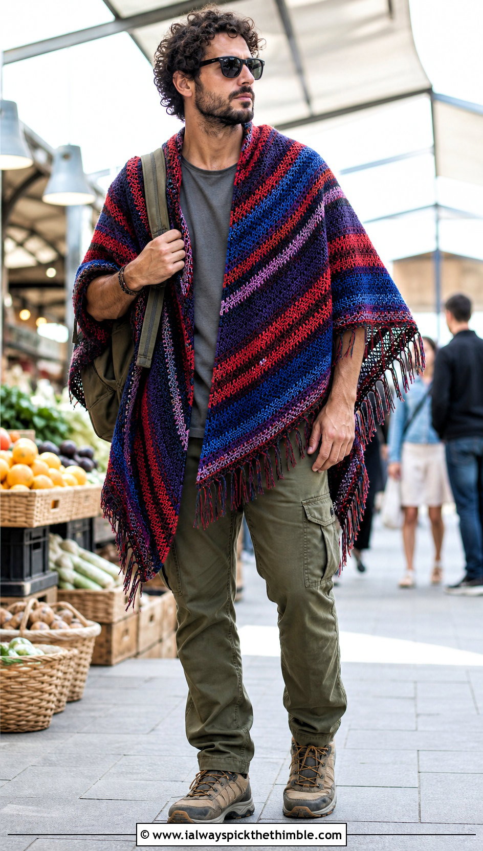 Striped Serape Crochet Poncho With Cargo Pants - 20 crochet men's poncho outfit ideas