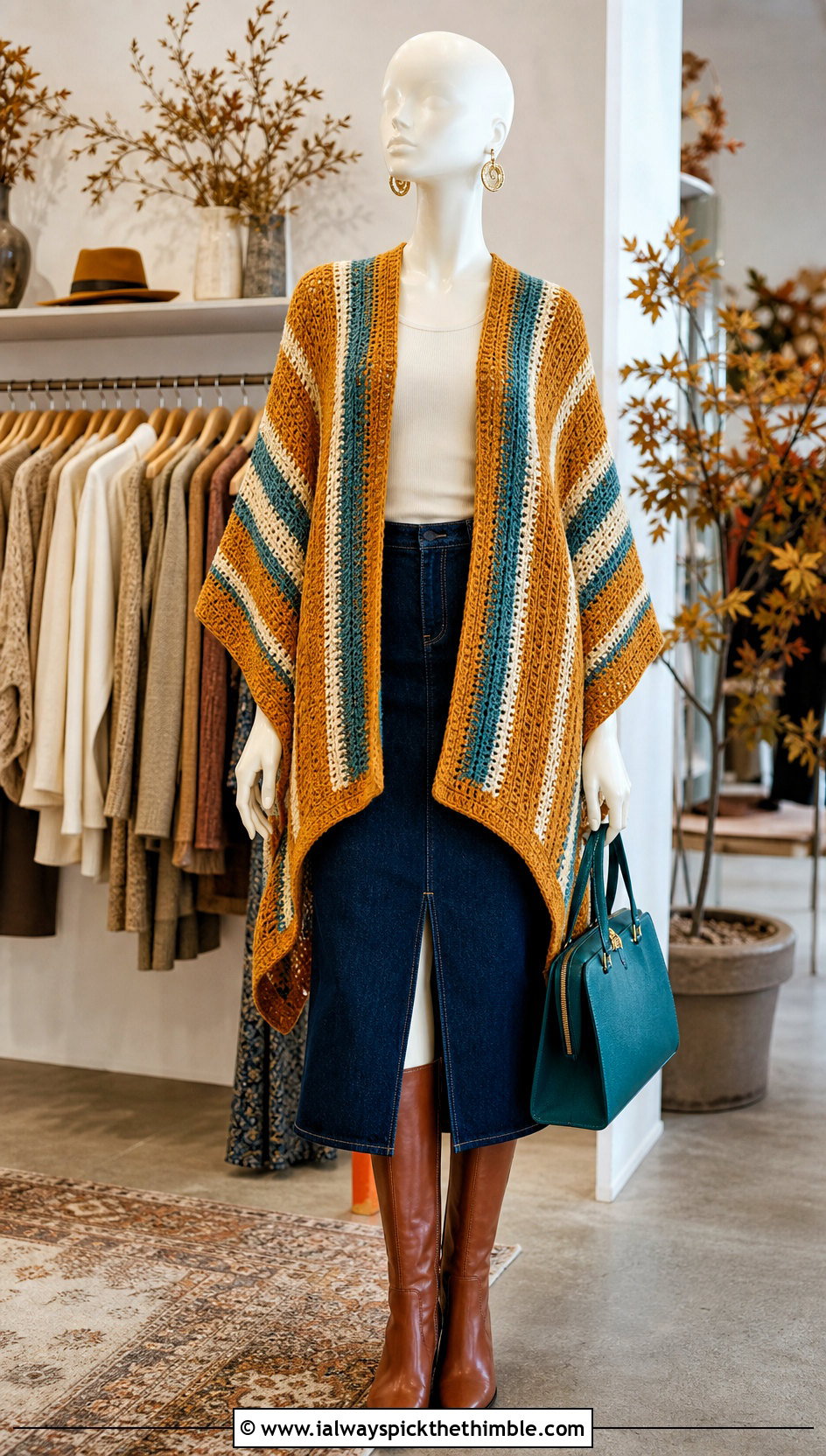 Striped Serape Crochet Poncho With Denim Midi Skirt - 15 crochet poncho on mannequin outfit ideas