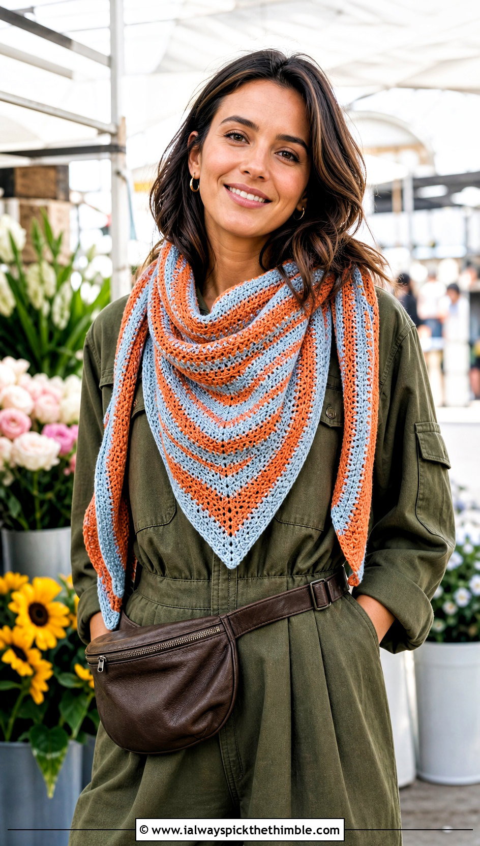 Striped Shallow Triangle Wingspan Shawl With Utility Jumpsuit - 15 Crochet Wingspan Shawl outfit ideas