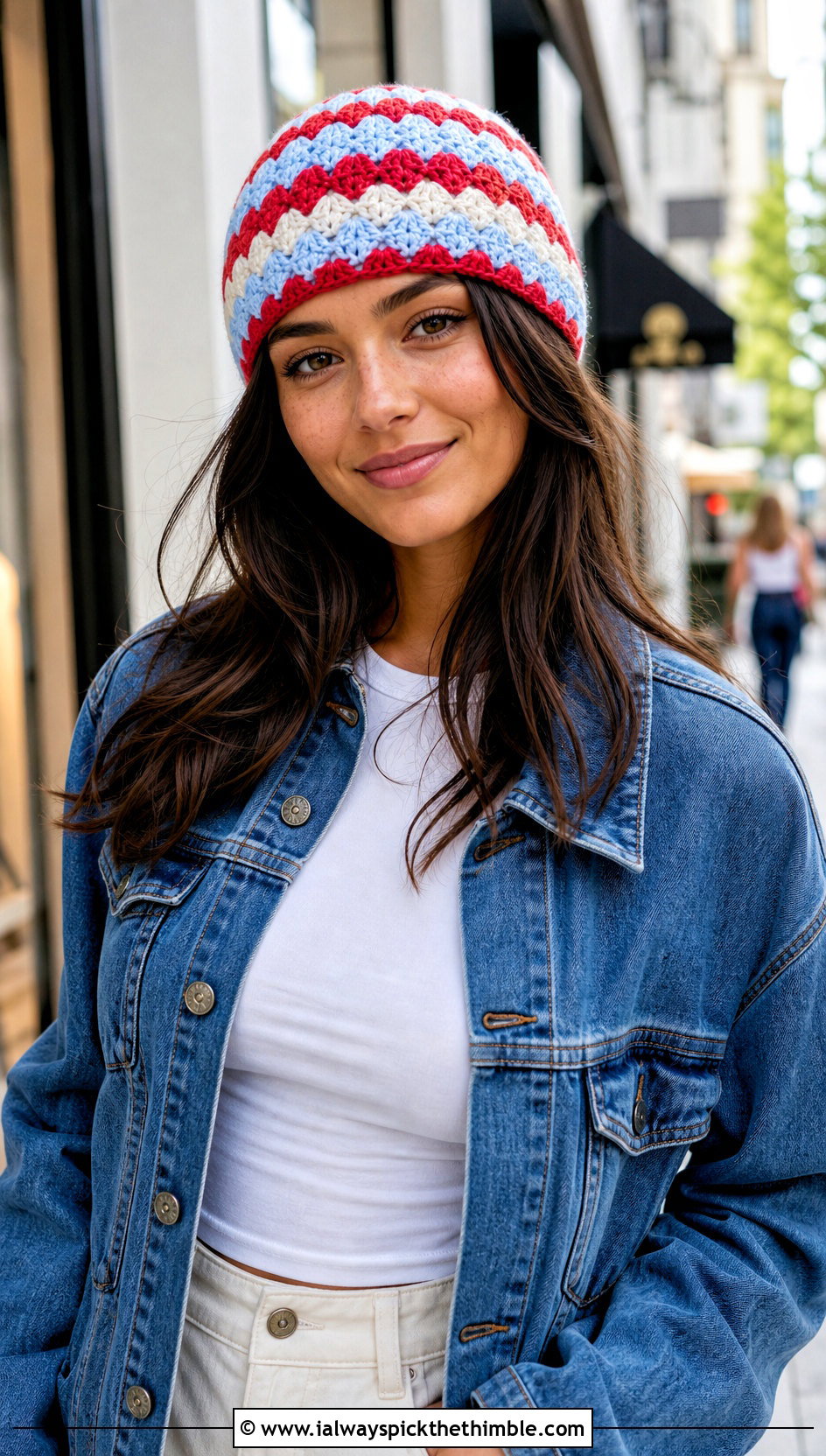 Striped Shell Crochet Beanie With Denim Jacket And White Pants - 20 shell crochet beanie outfit ideas