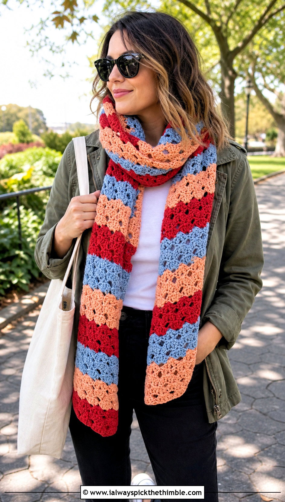 Striped Shell Scarf With Utility Jacket And Black Jeans - 20 crochet shell scarf outfit ideas