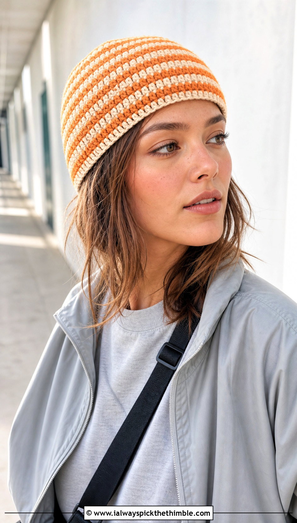 Striped Short Row Beanie With Athleisure Set - 20 Crochet Short Row Beanie outfit ideas
