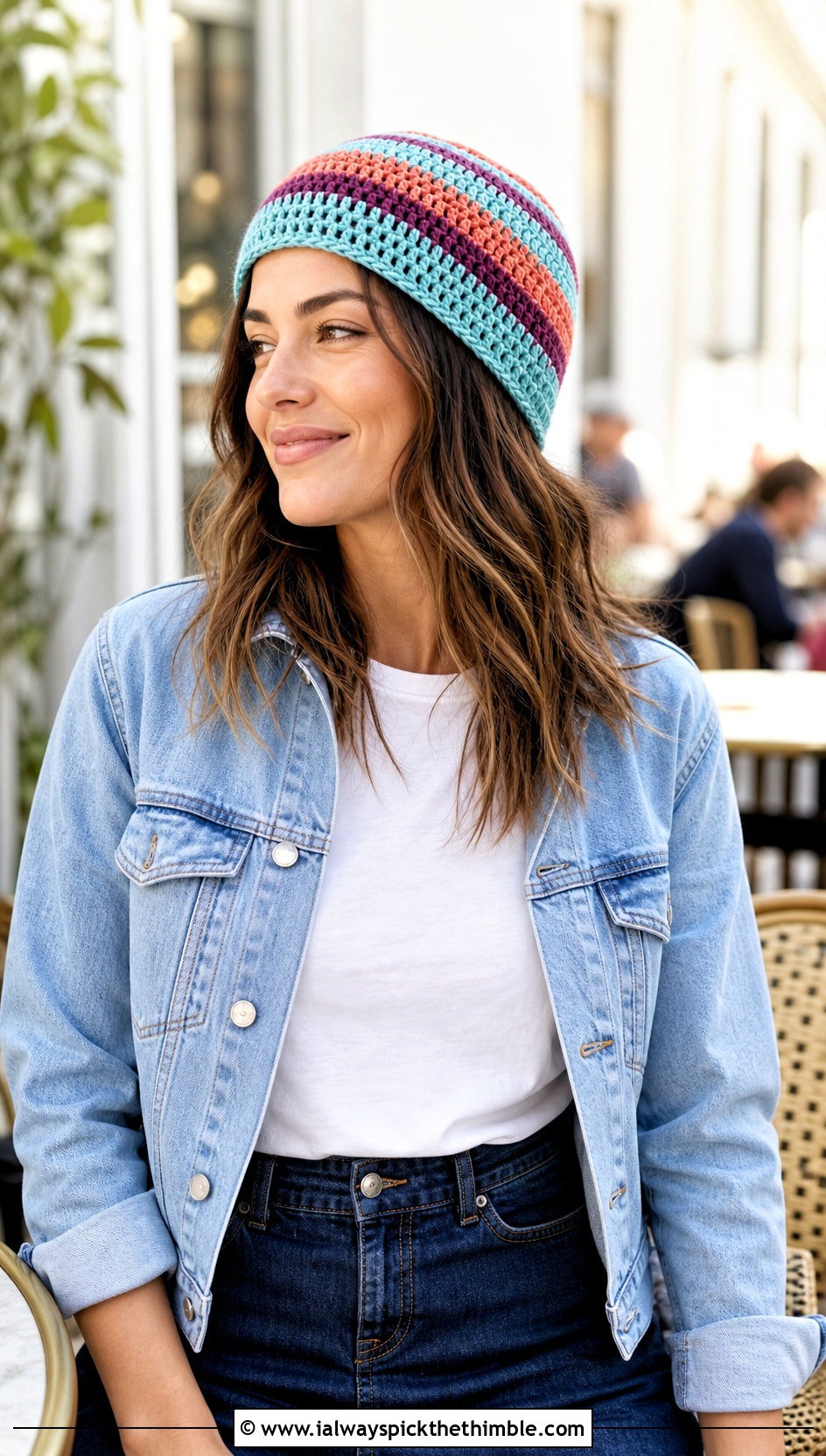 Striped Short Row Crochet Beanie With Denim Jacket - 20 short row crochet hat outfit ideas