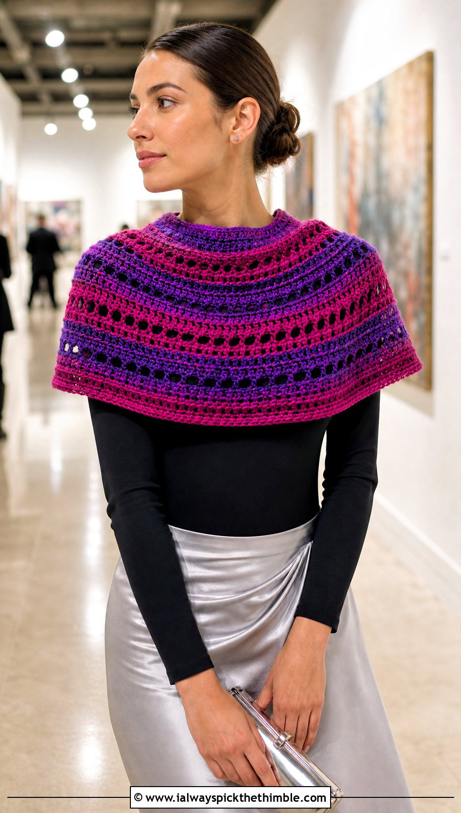 Striped Shoulder Crochet Cowl With Satin Skirt - 15 striped crochet cowl outfit ideas
