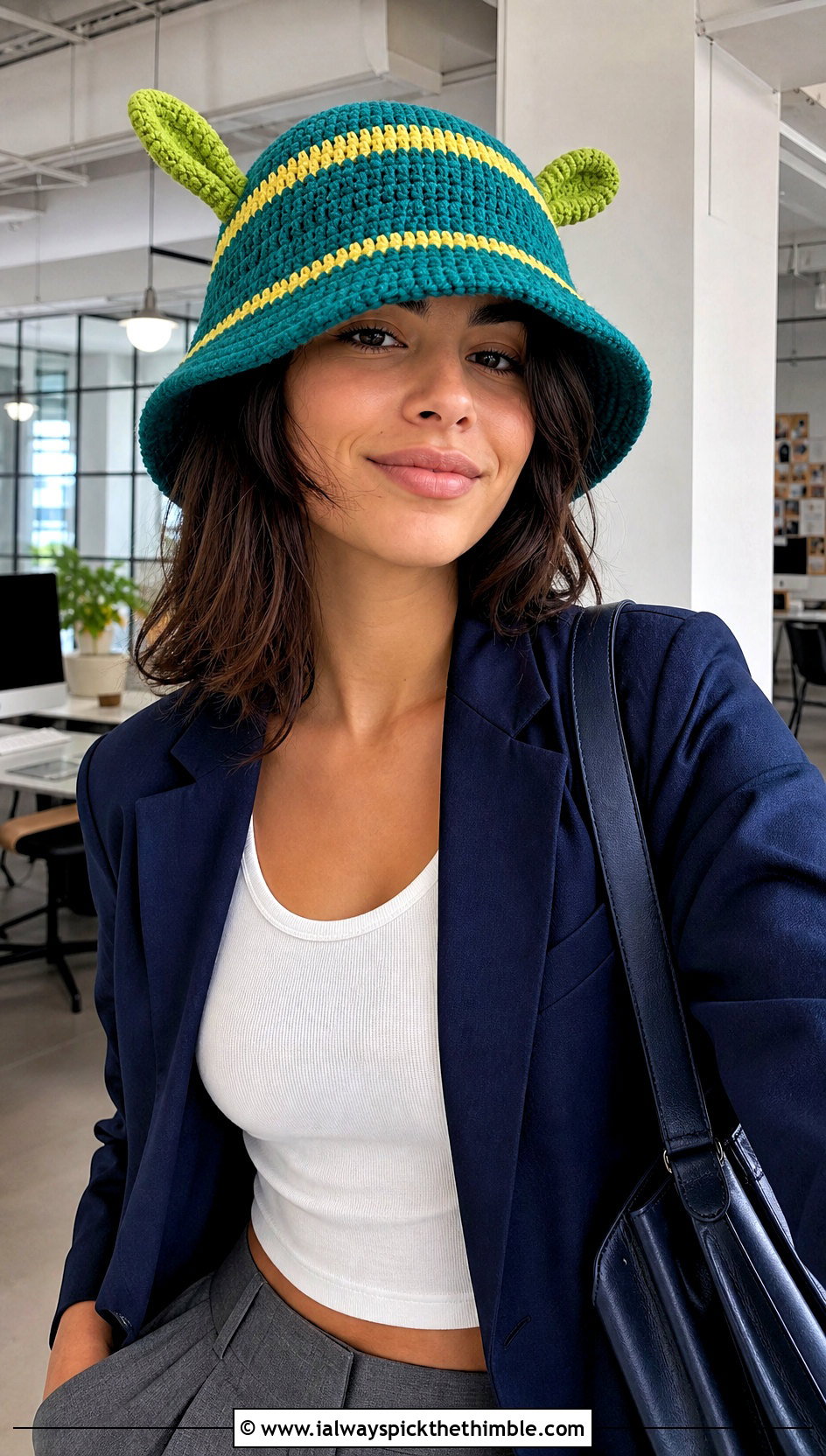 Striped Shrek Crochet Bucket Hat With Blazer - 20 shrek crochet bucket hat outfit ideas