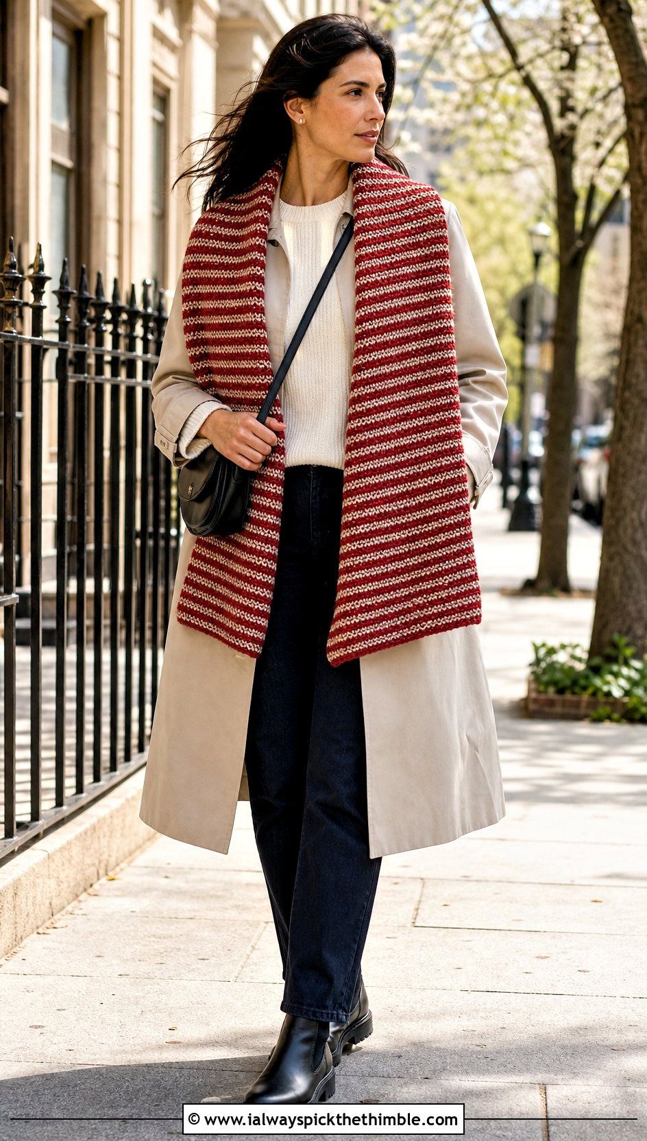 Striped Simple Stitch Tunisian Wrap With Trench Coat - 20 Tunisian Crochet Wrap outfit ideas