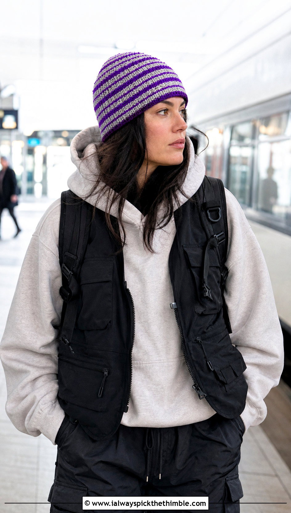 Striped Single Crochet Beanie With Hoodie And Cargo Joggers - 15 Sc Crochet Beanie outfit ideas