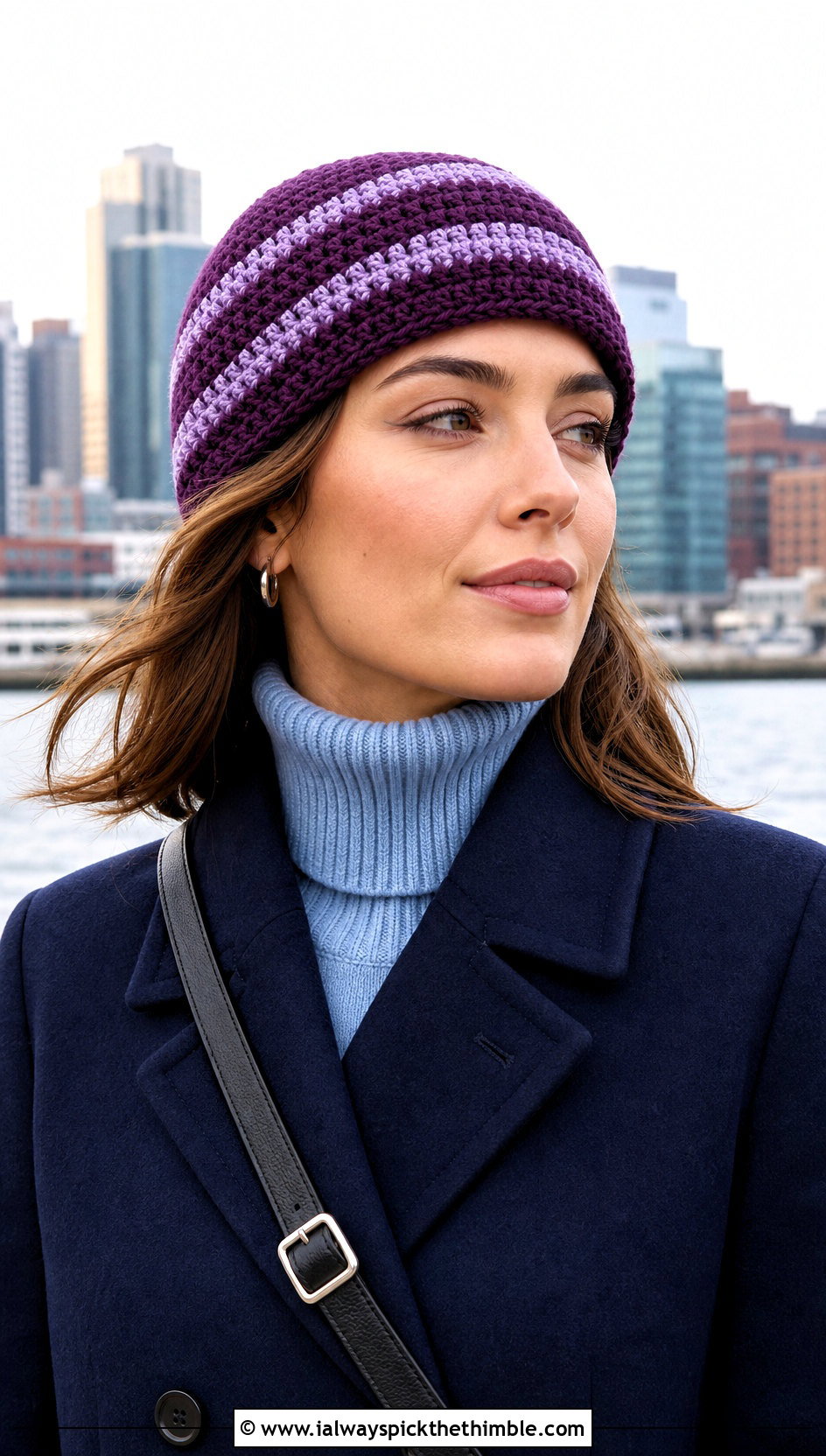 Striped Single Crochet Beanie With Peacoat And Wide Leg Pants - 25 single crochet beanie outfit ideas