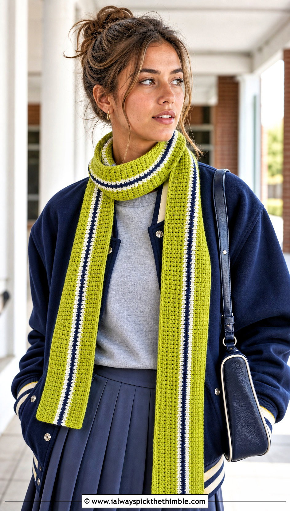 Striped Single Crochet Scarf With Varsity Jacket - 20 Single Crochet Scarf outfit ideas