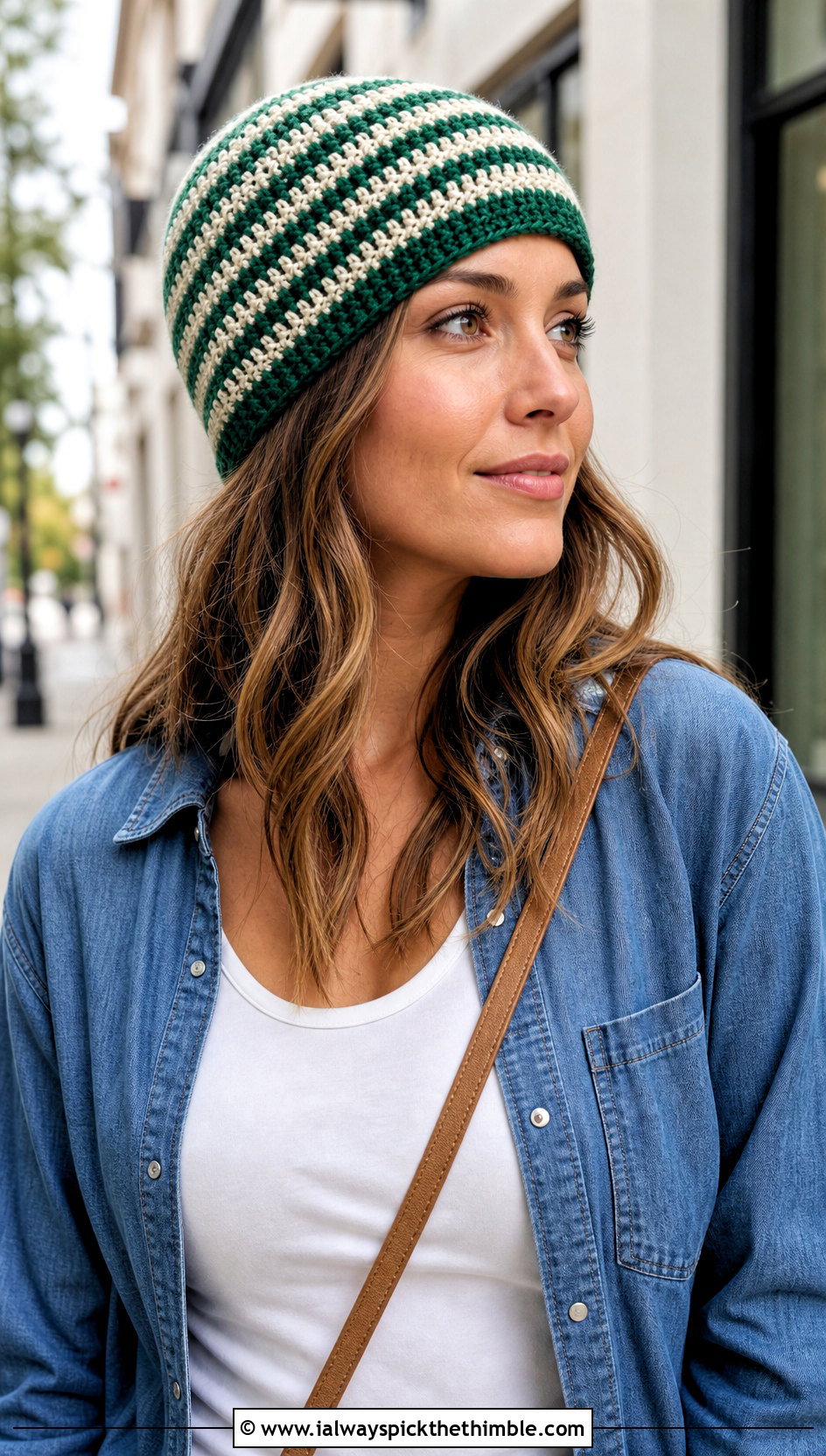 Striped Size 4 Yarn Crochet Beanie With Denim Shirt - 20 Crochet Beanie Size 4 Yarn outfit ideas