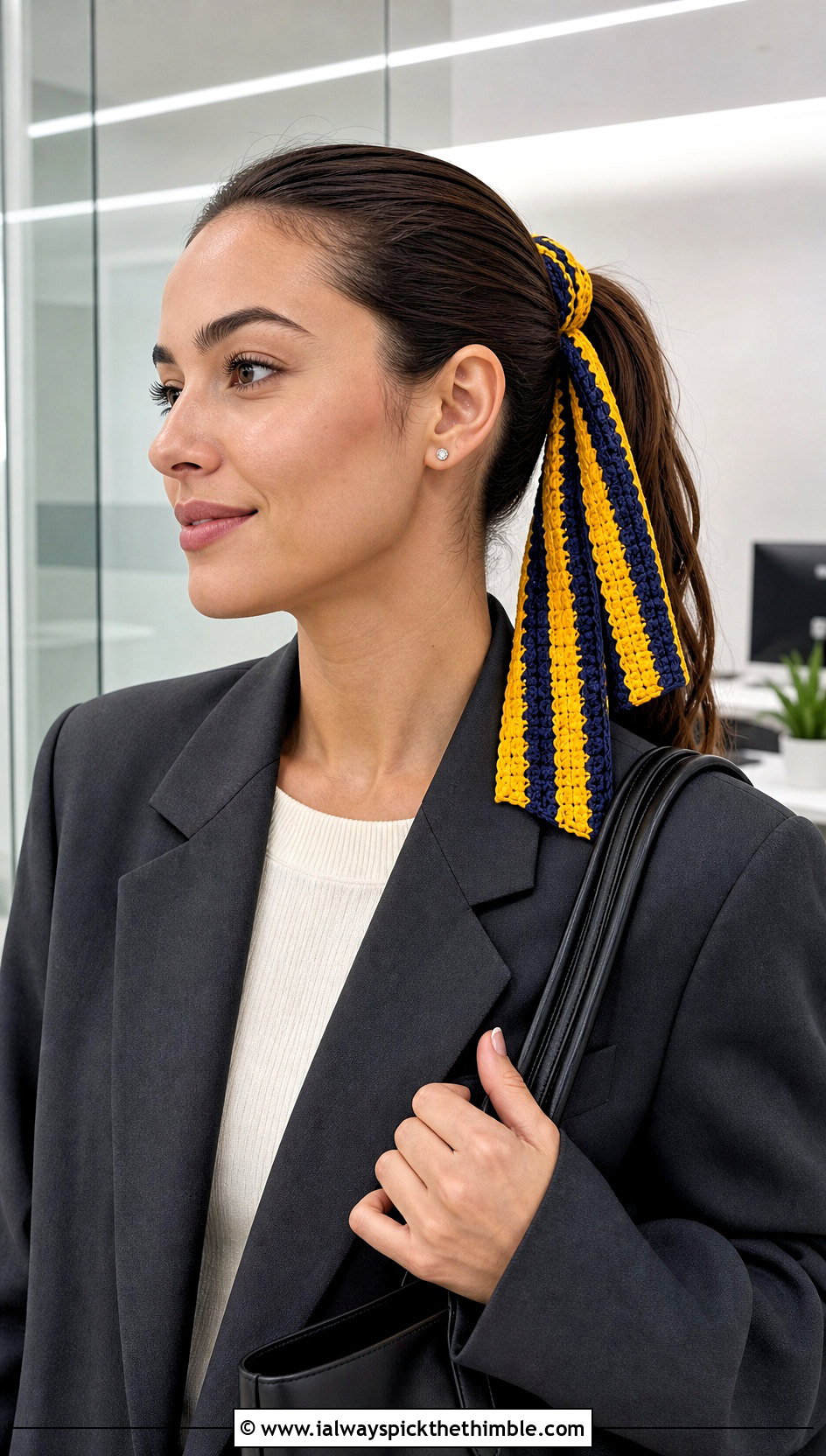 Striped Skinny Crochet Hair Scarf With Blazer And Trousers - 15 Crochet Hair Scarf Ideas