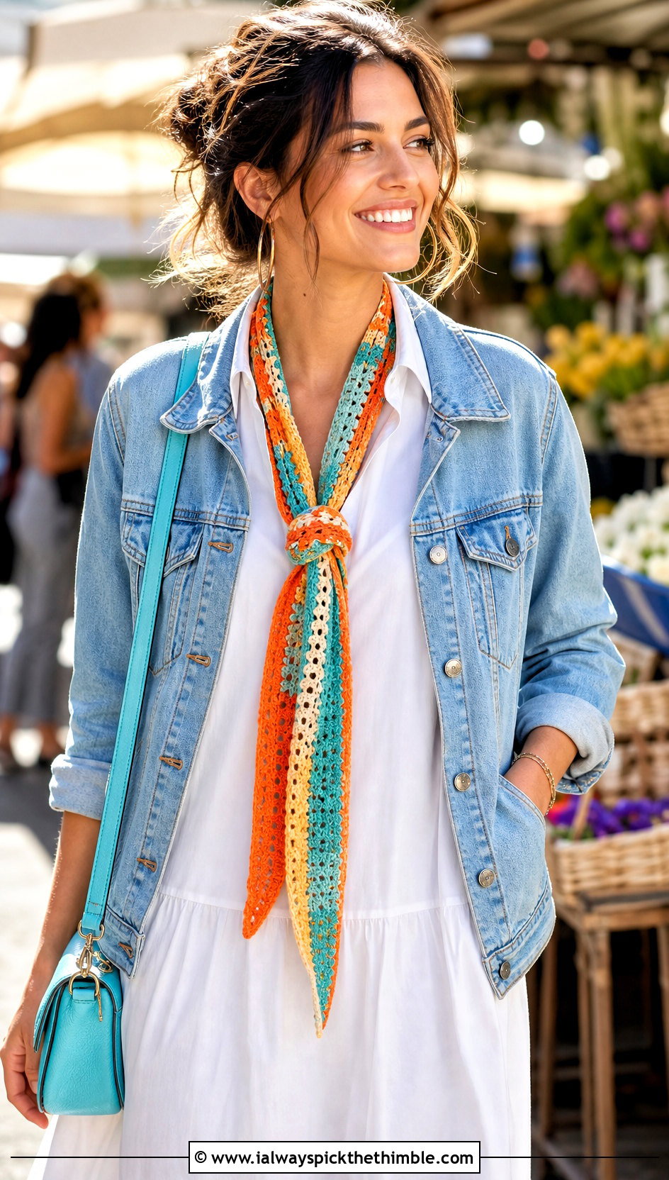 Striped Skinny Scarf With Denim Jacket And White Dress - 20 crochet summer scarf outfit ideas