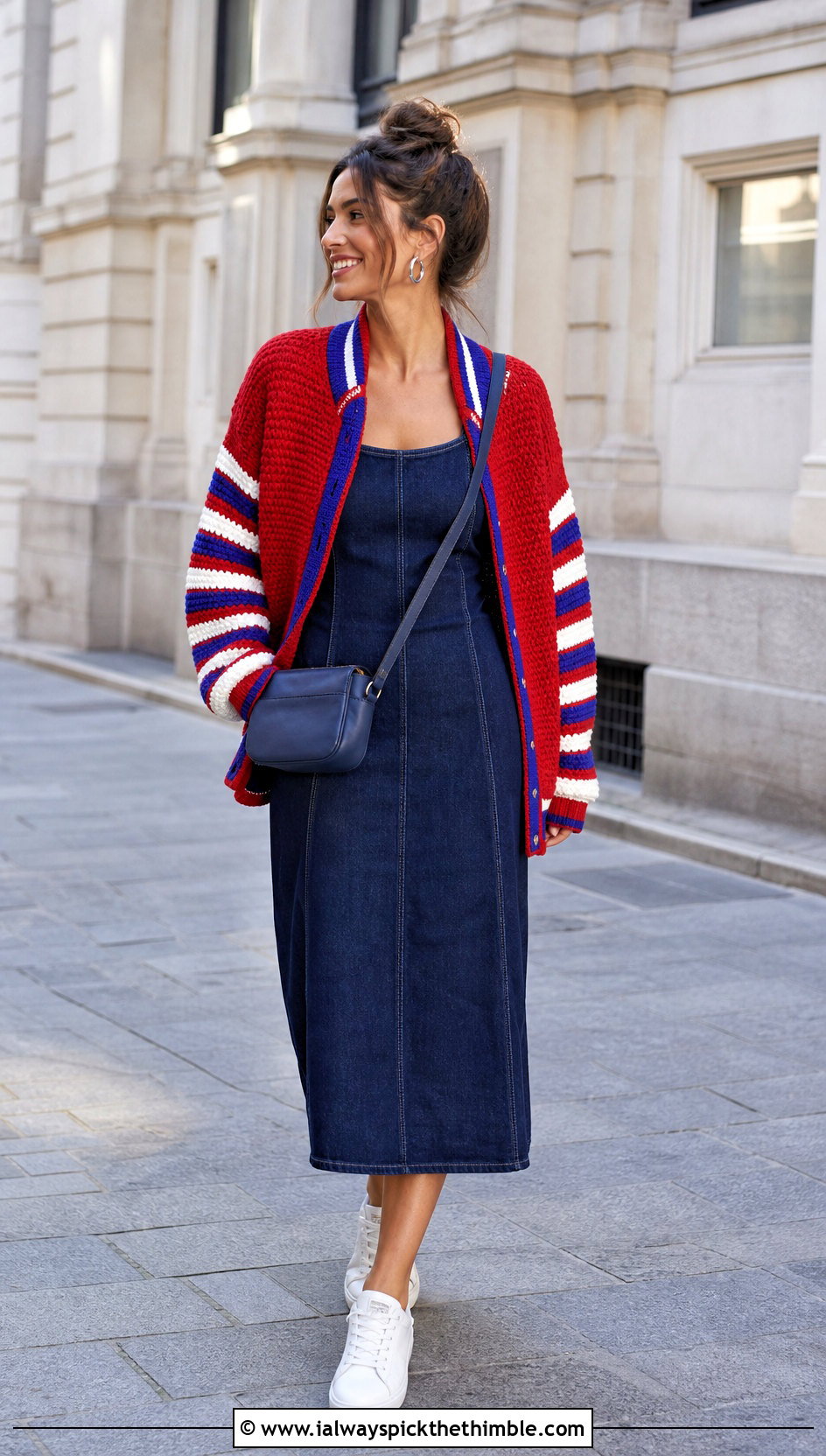 Striped Sleeve Crochet Varsity Jacket With Denim Dress - 25 crochet varsity jacket outfit ideas