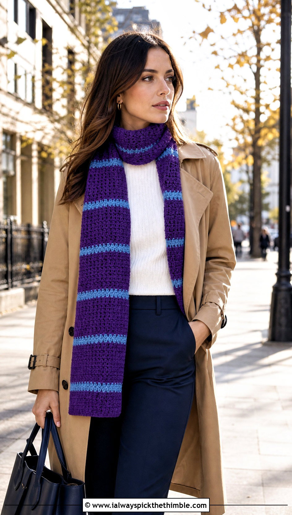 Striped Sleeved Crochet Scarf With Trench Coat - 20 Sleeved Crochet Scarf outfit ideas