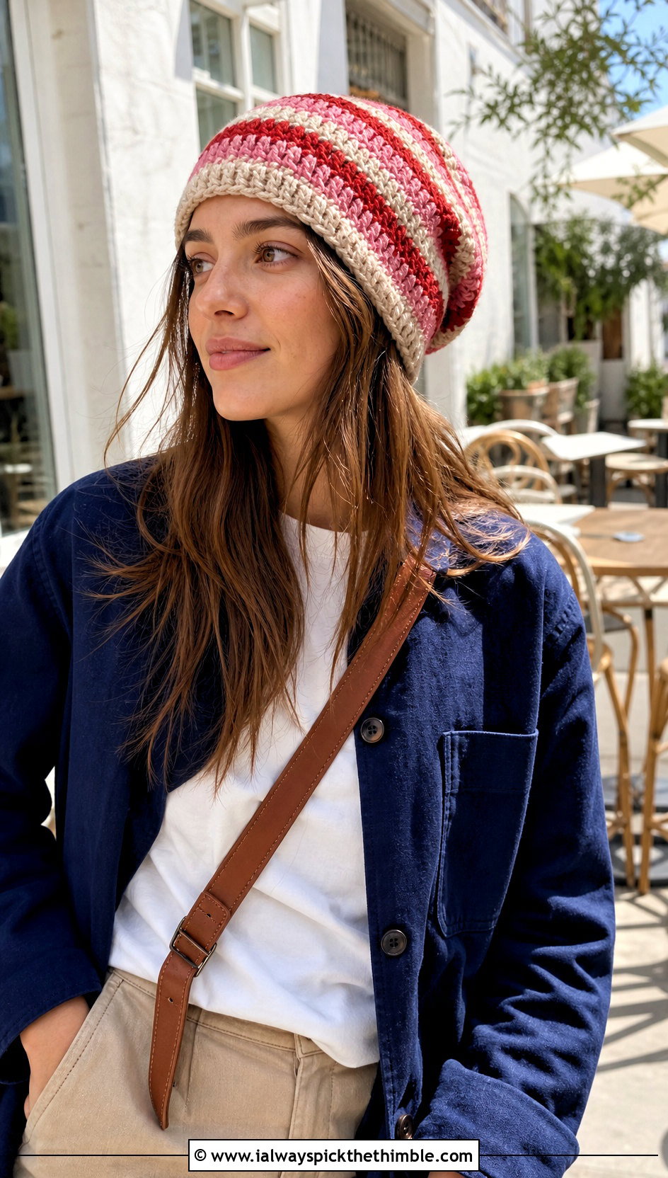 Striped Slightly Slouchy Crochet Beanie With Chore Jacket And Chinos - 15 Slightly Slouchy Crochet Hat outfit ideas