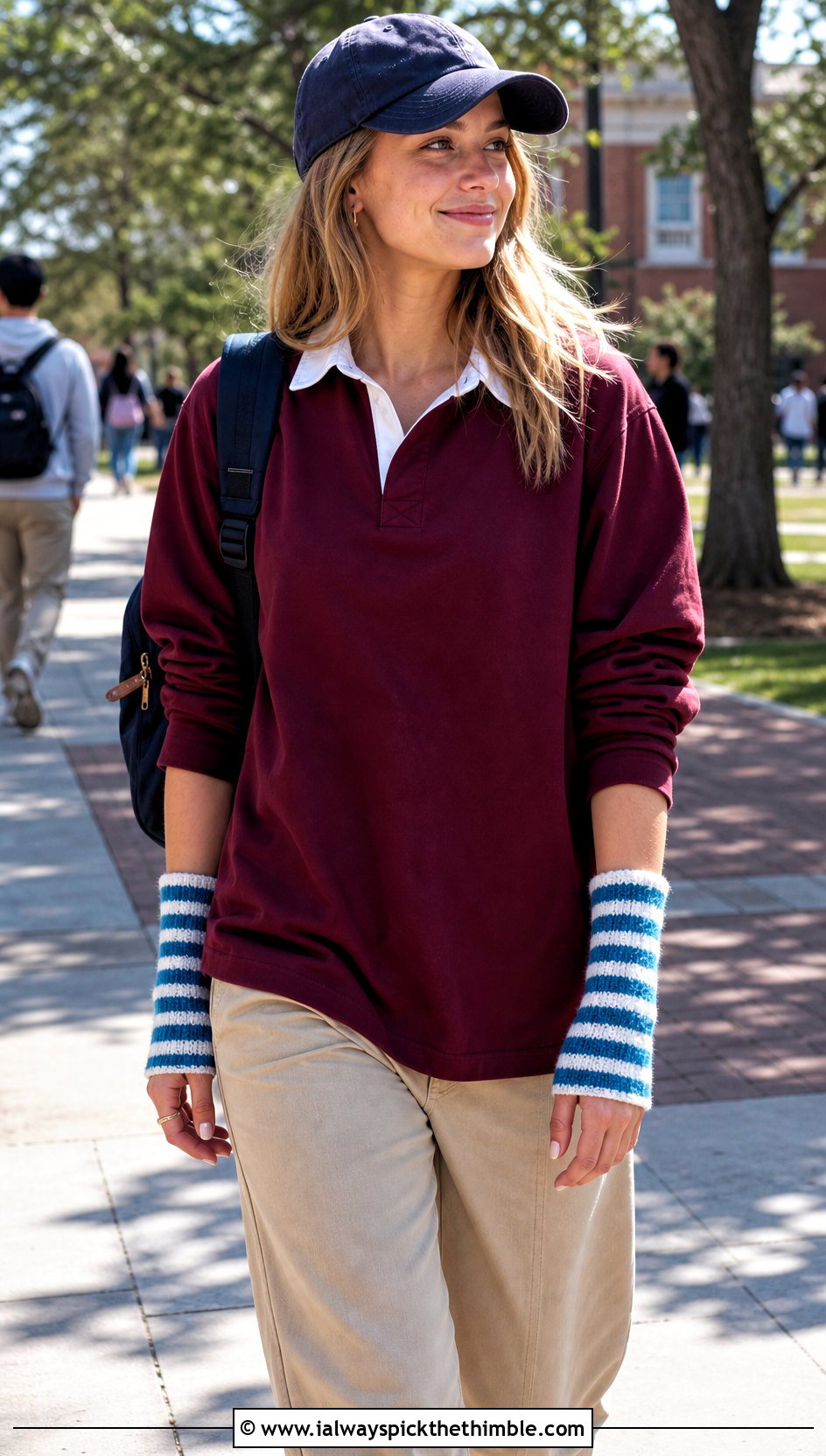 Striped Slim Crochet Wrist Warmers With Rugby Shirt And Chinos - 20 Easy Crochet Arm Warmers outfit ideas