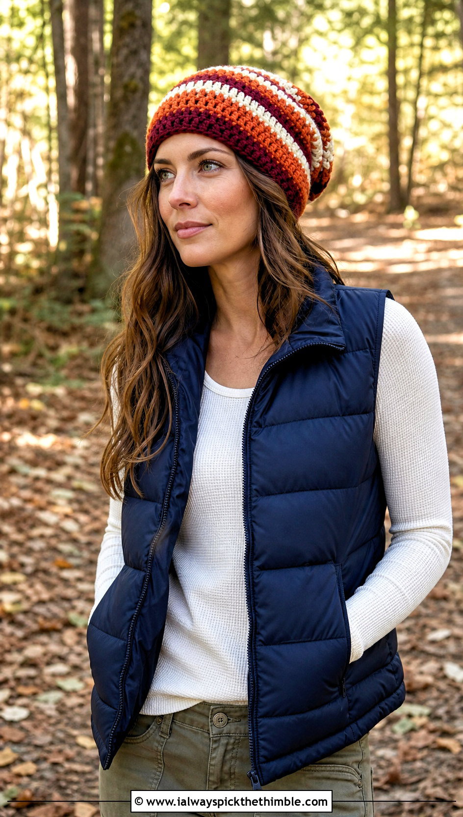 Striped Slouch Crochet Beanie With Puffer Vest - 20 slouch crochet beanie outfit ideas