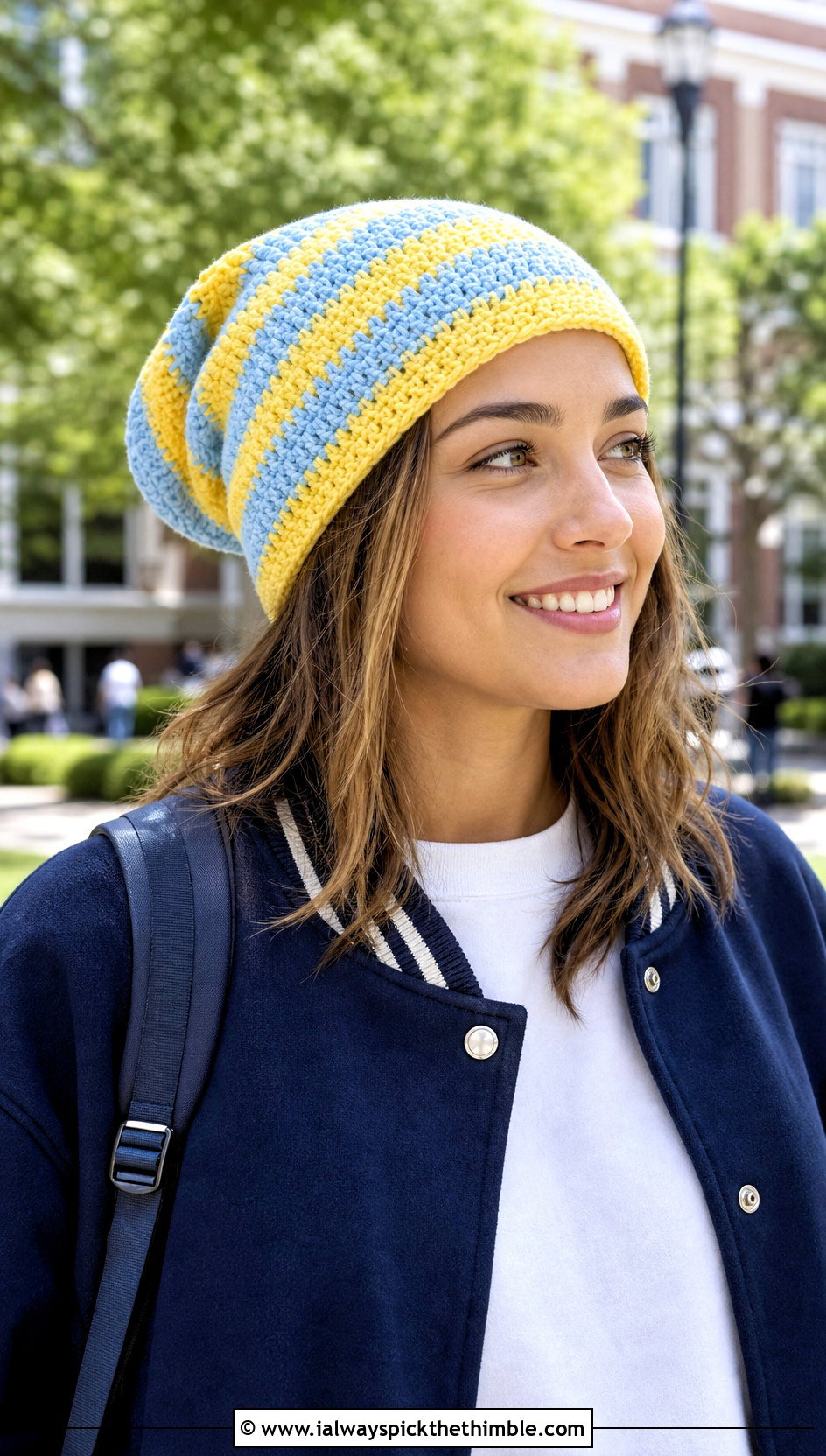 Striped Slouchy Crochet Beanie With Varsity Jacket - 25 slouchy crochet beanie outfit ideas