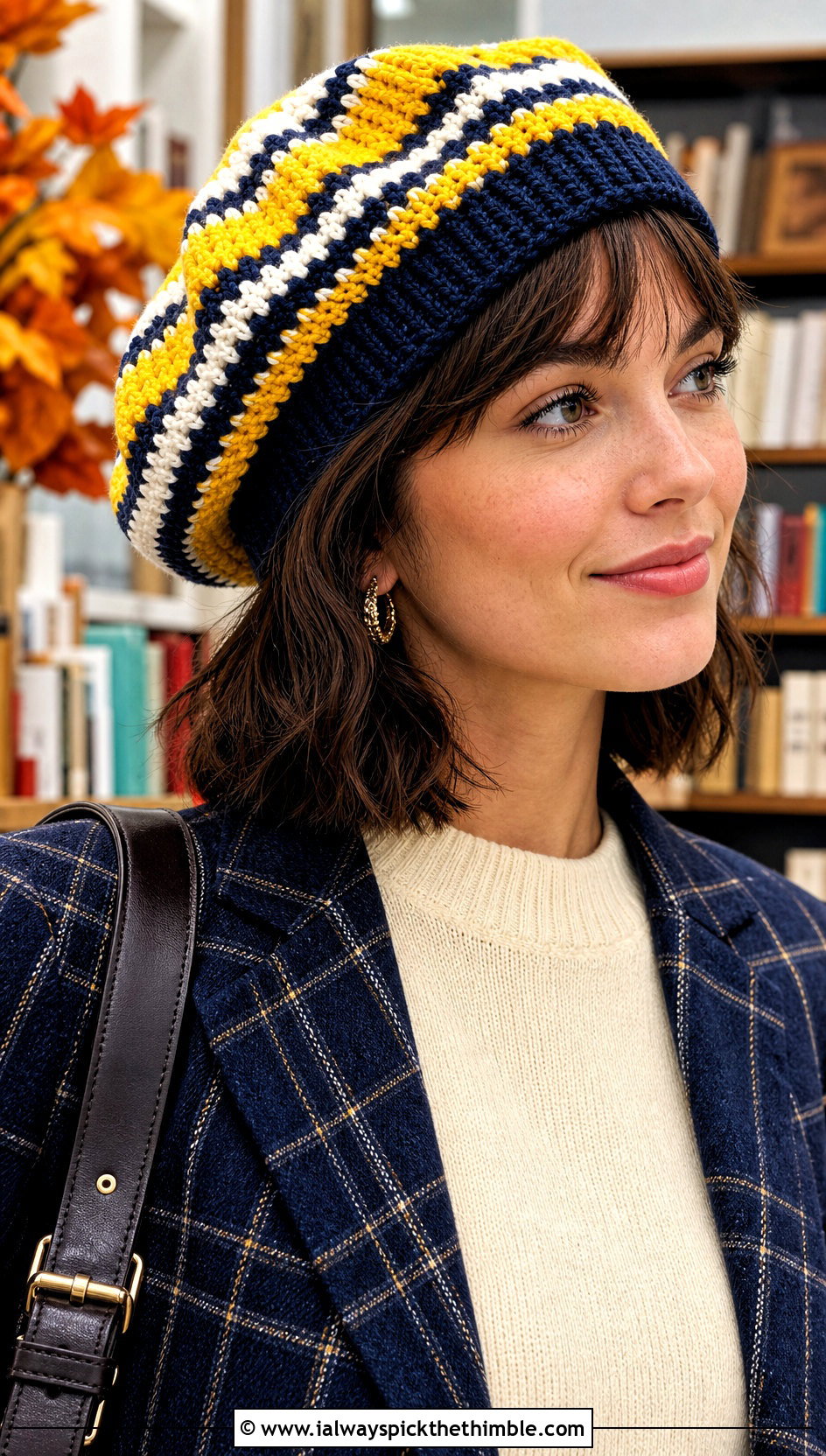 Striped Slouchy Crochet Beret With Plaid Blazer - 20 Slouchy Crochet Beret outfit ideas
